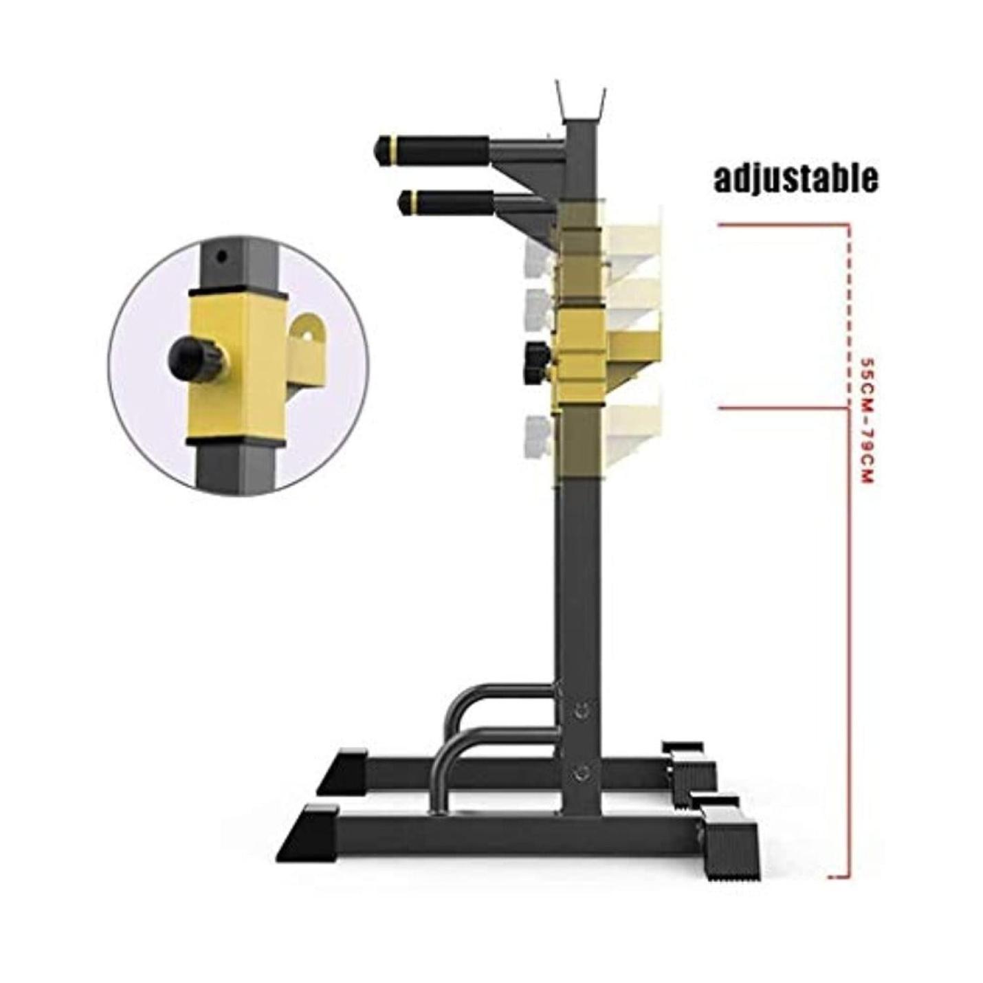 Krachtige trainingen die hier beginnen: Ontdek het Krachtige trainingen die hier beginnen: Ontdek het verstelbare squatrek met gelabelde afmetingen, voorzien van een zwart stalen frame en gele verstelmechanismen.