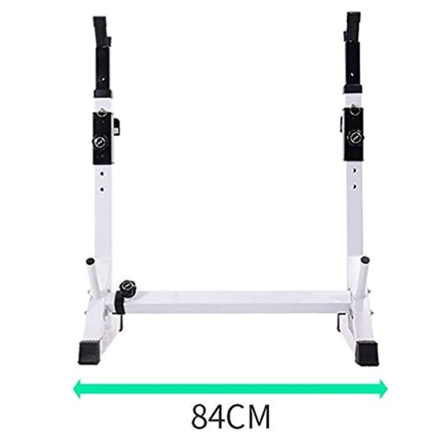 Haal het beste uit je workouts met ons verstelbaar squatrek in wit en zwart, met een breedtemeting van 84 cm, compact en opvouwbaar.