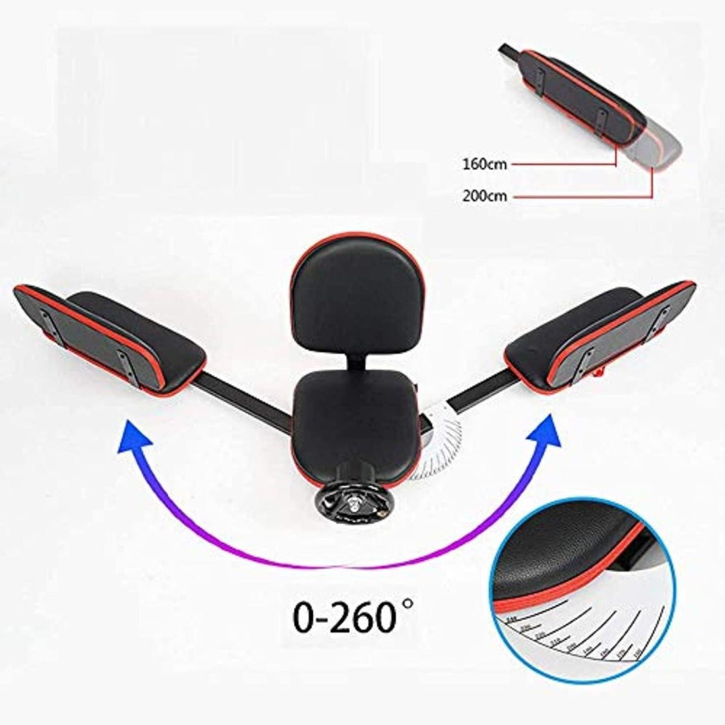 Een diagram van een roterende gamingstoel met afmetingen en close-upkenmerken, die het draaivermogen van 260 graden en het ergonomische ontwerp benadrukken, opgebouwd uit Ontketen je flexibiliteit met de heavy duty beenspreider - Ultieme split training.