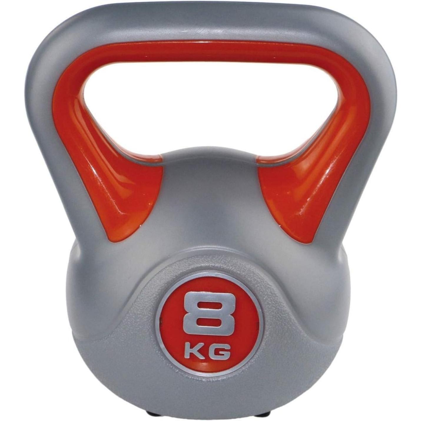 Een 8 kg Berenike kettlebell met oranje accenten, perfect voor full-body training in je homegym.