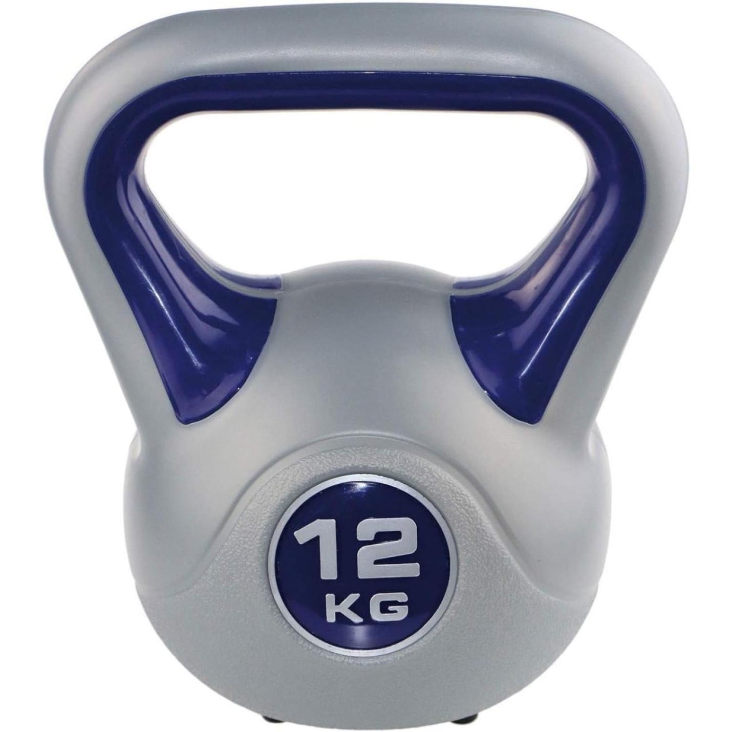 Een grijs en blauw 12 kg Bereik je fitnessdoelen in stijl met onze kleurrijke kettlebells! met afgerond handvat, ideaal voor full-body training.