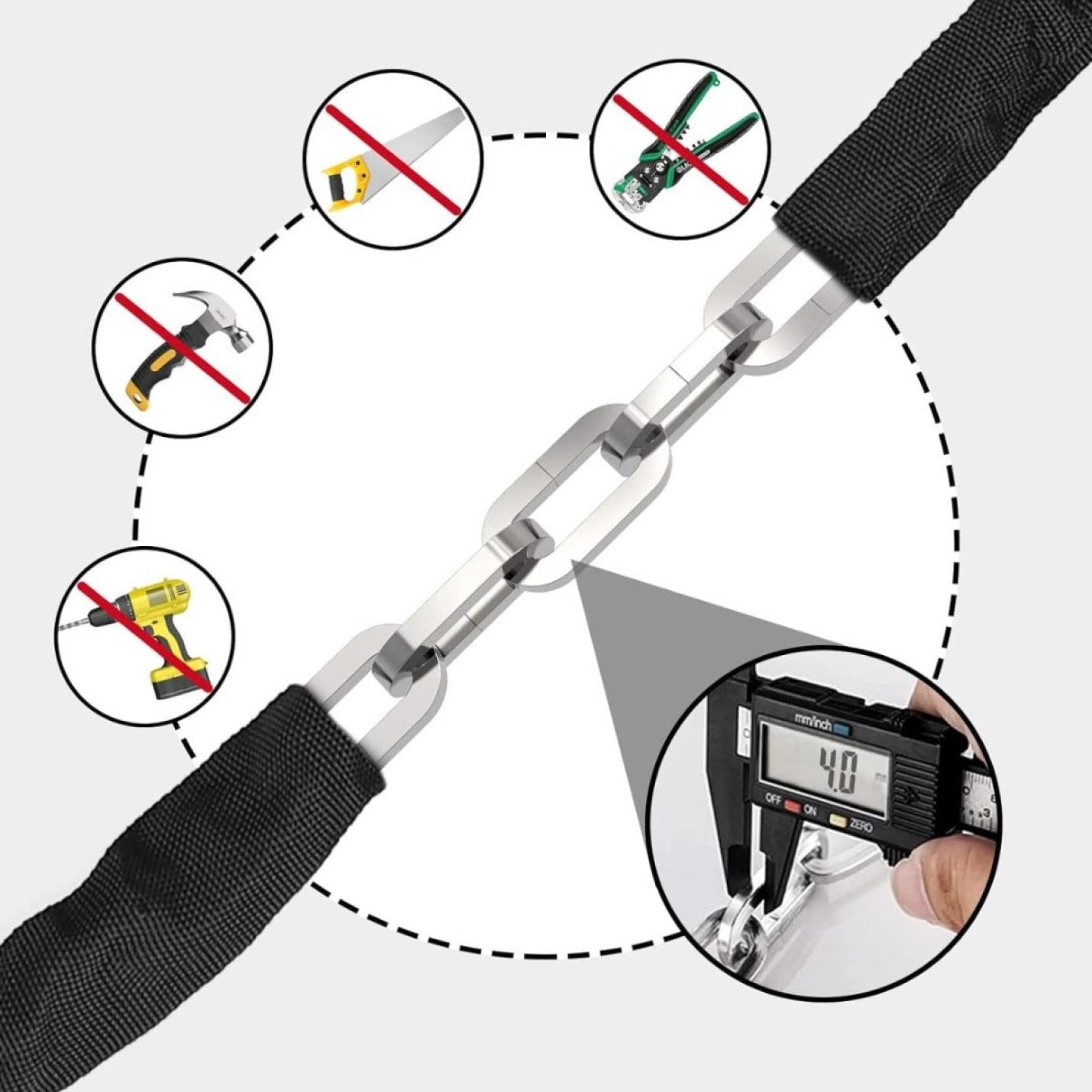Illustratie van een fietskettingslot dat wordt gemeten met een digitale schuifmaat, vergezeld van pictogrammen die oneigenlijk en correct gebruik aangeven.