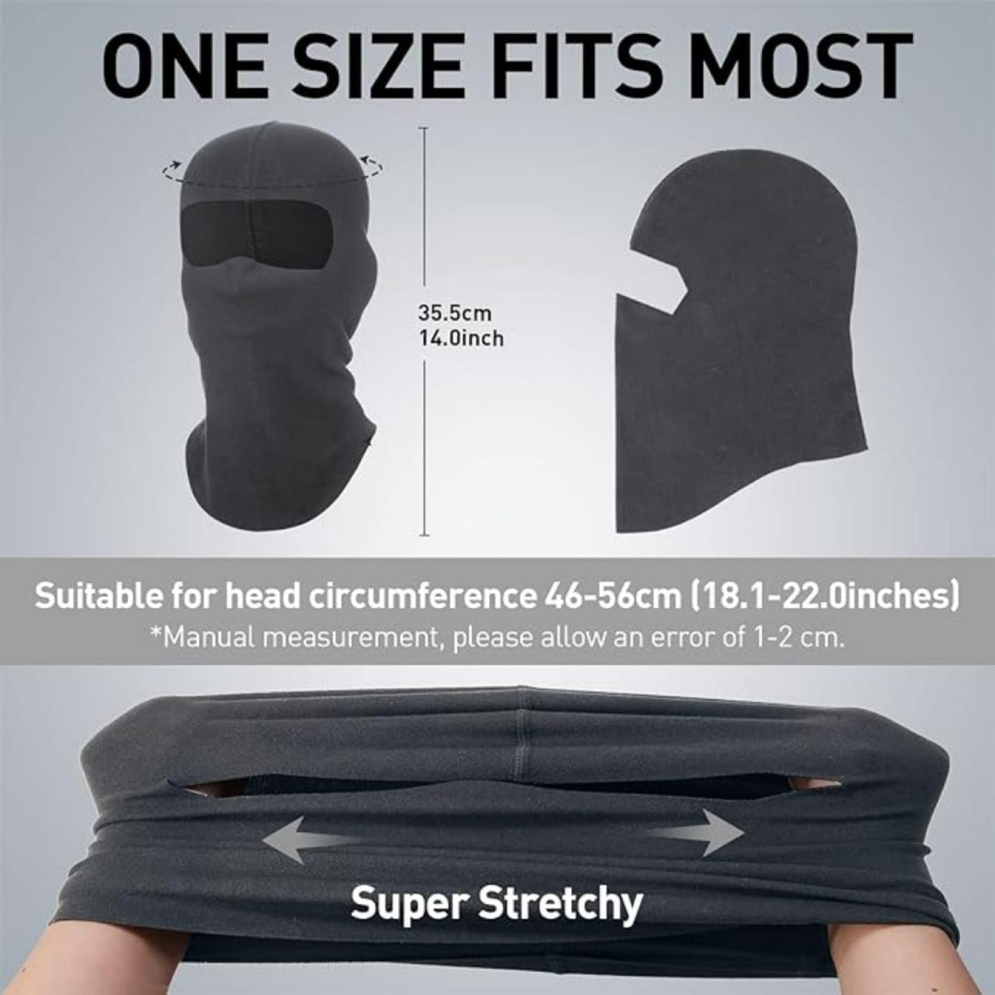 Blijf warm en comfortabel in de kou met deze bivakmuts met maatspecificaties en het label "one size fits most", ontworpen voor outdooractiviteiten en winddicht.