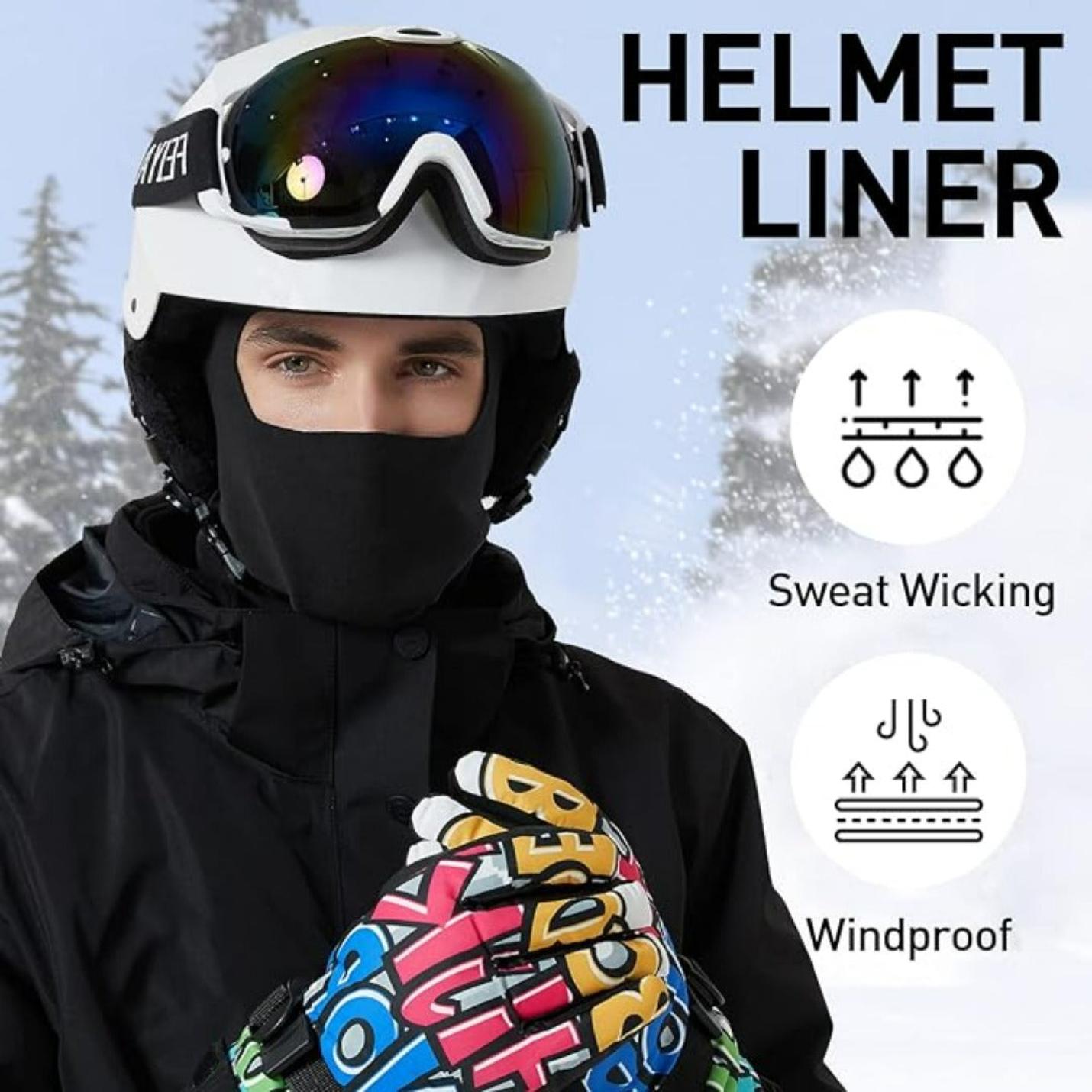 Persoon die een skihelm en een bril draagt met een bivakmuts die wordt geadverteerd als zweetafvoerend en winddicht.
Persoon die een skihelm en bril draagt met de Blijf warm en comfortabel in de kou met deze bivakmuts, geadverteerd als zweetafvoerend en winddicht.