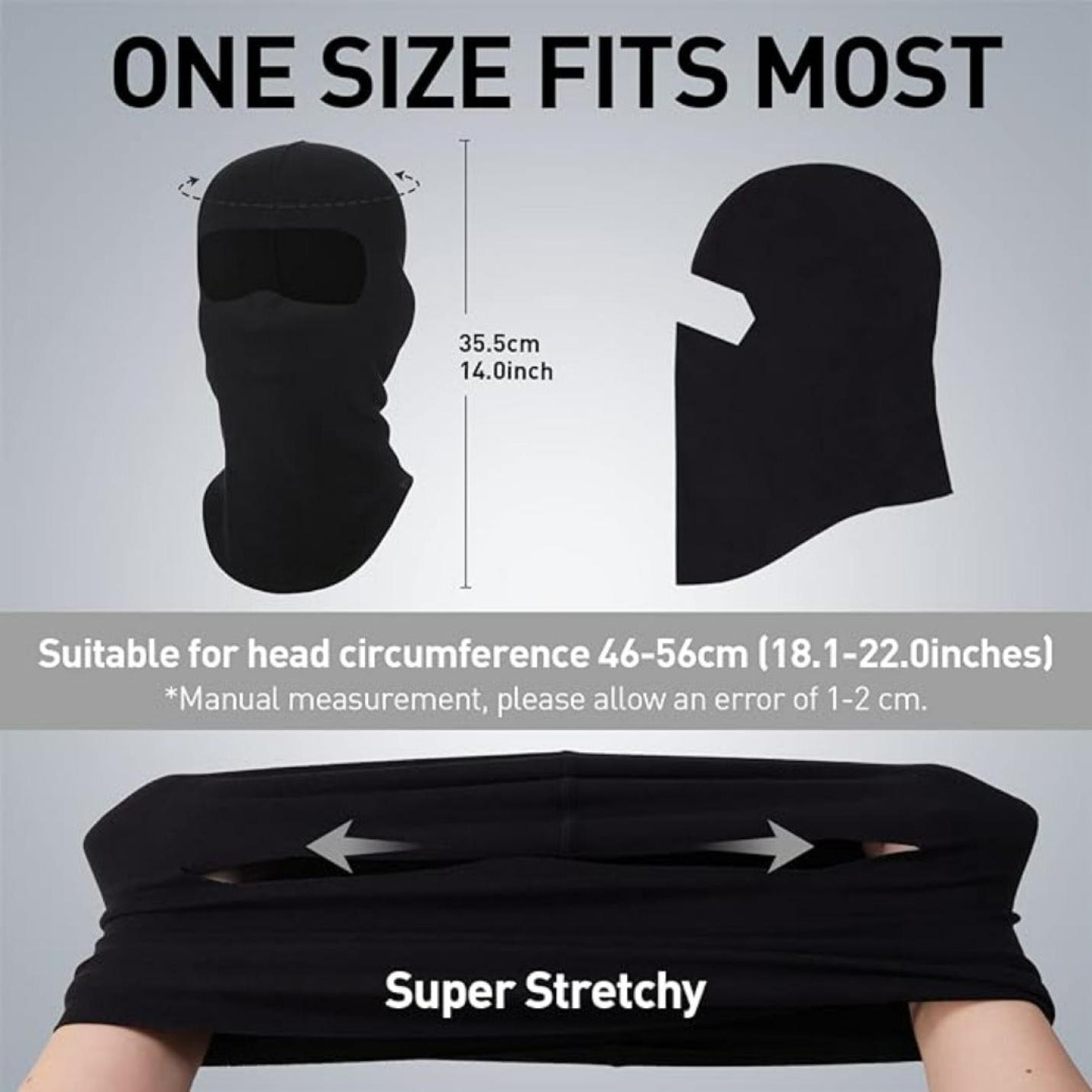 Zwart, winddicht, rekbaar Blijf warm en comfortabel in de kou met deze bivakmuts met onafhankelijke afmetingen, geadverteerd als "one size fits most" voor hoofdomtrek.