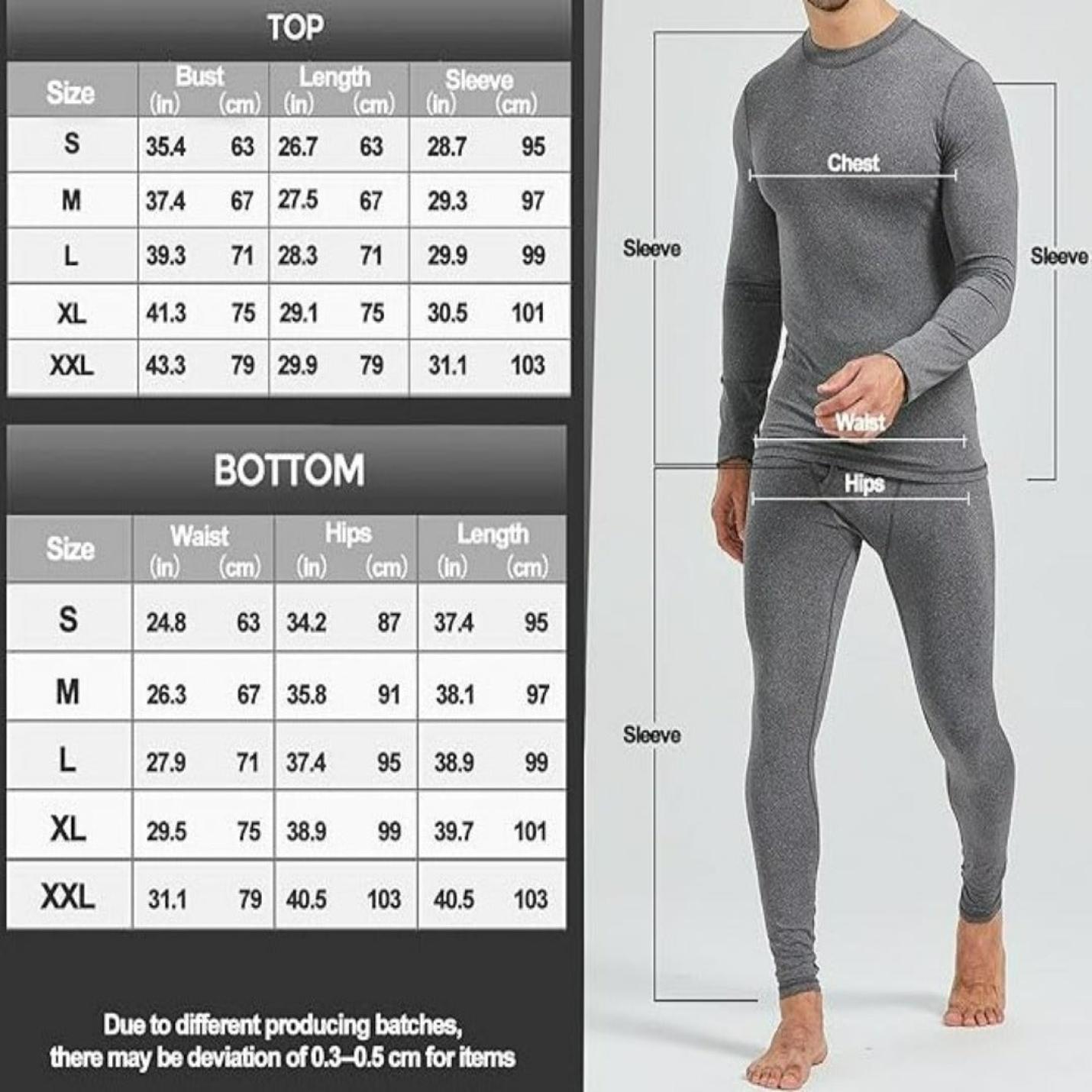 Een man met een aansluitende Blijf warm en comfortabel met ons thermo-ondergoed voor heren, inclusief een grijze top met lange mouwen en een legging gemaakt van winddicht materiaal, met afmetingen en maattabel voor kleding afgebeeld.