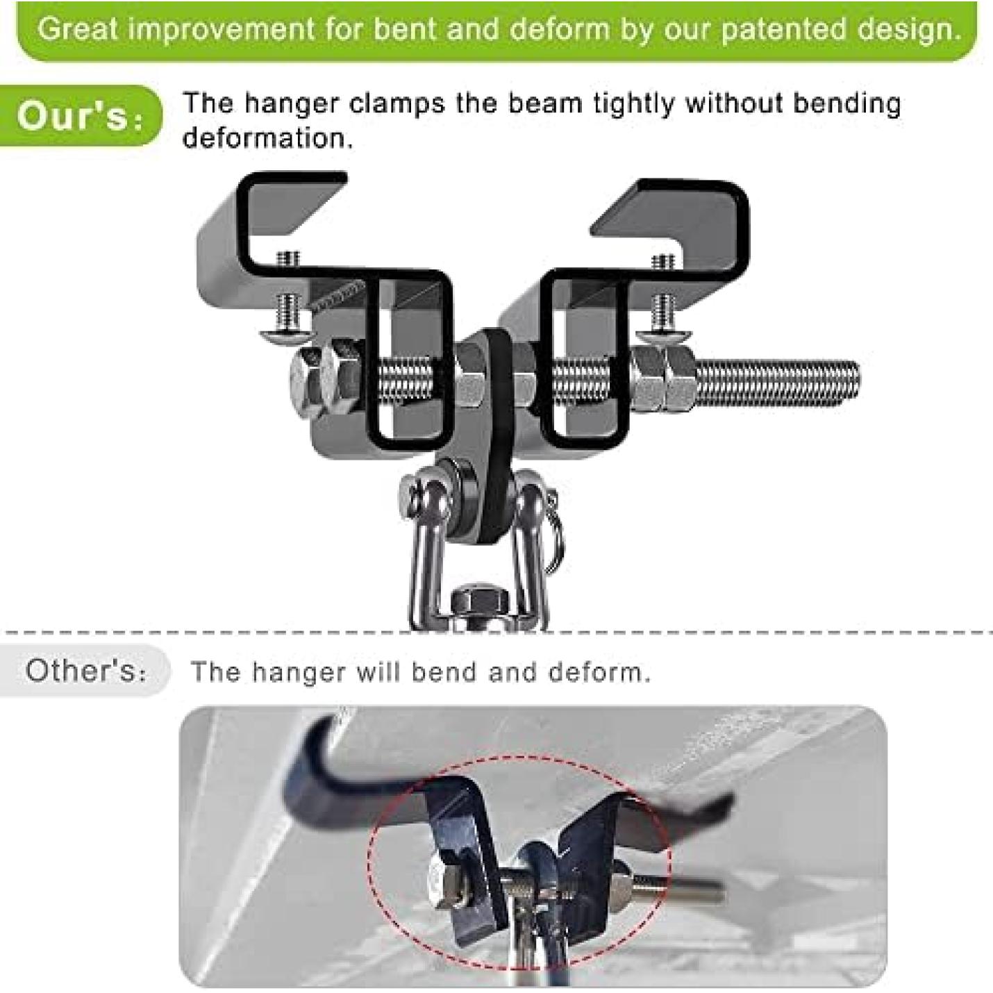 Een afbeelding waarin twee bokszakbeugelinstallaties worden vergeleken: de bovenste met een robuust, niet-vervormend ontwerp, en de onderkant met een klem van een concurrent die doorbuigt onder belasting, ideaal voor het veilig en effectief upgraden van uw trainingsruimte.