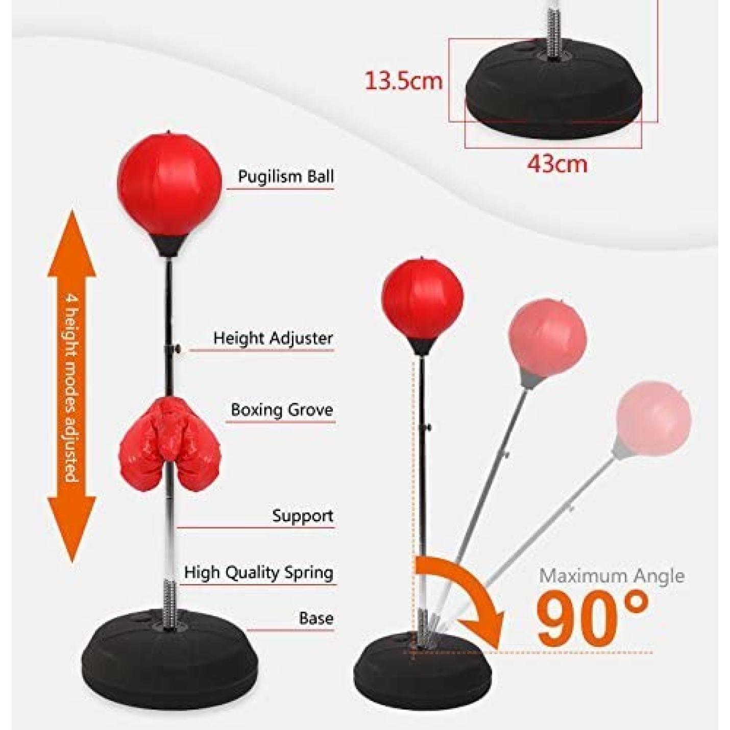 In hoogte verstelbare boksbal met flexibele veer en stabiele basis voor fitnessboksen, ter illustratie van de maximale hoekbuiging van 90°.
Productnaam: Ultieme kracht en ontspanning met onze belangrijke boksbal: Transformeer je training