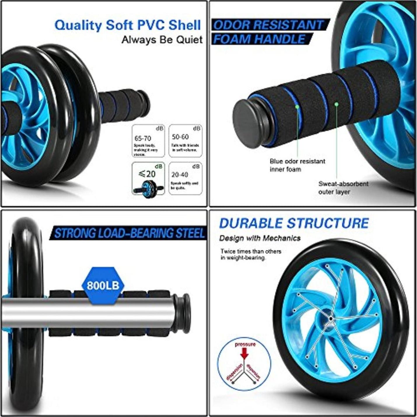 Collage van een Transformeer je lichaam met de gebruikelijke buiktrainer fitnessset met een zachte PVC-schaal, geurbestendige schuimhandvatten en een sterke stalen staaf met duurzaamheid en dragende details.