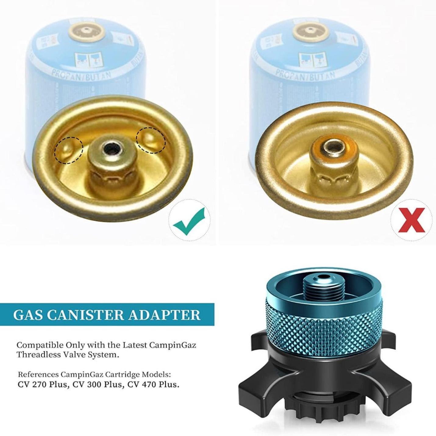 Een illustratie die de compatibiliteit laat zien tussen gasflessentops en de ultieme manier om te koken tijdens je kampeeravonturen, waarbij de juiste en onjuiste typen voor deze specifieke adapter worden benadrukt.