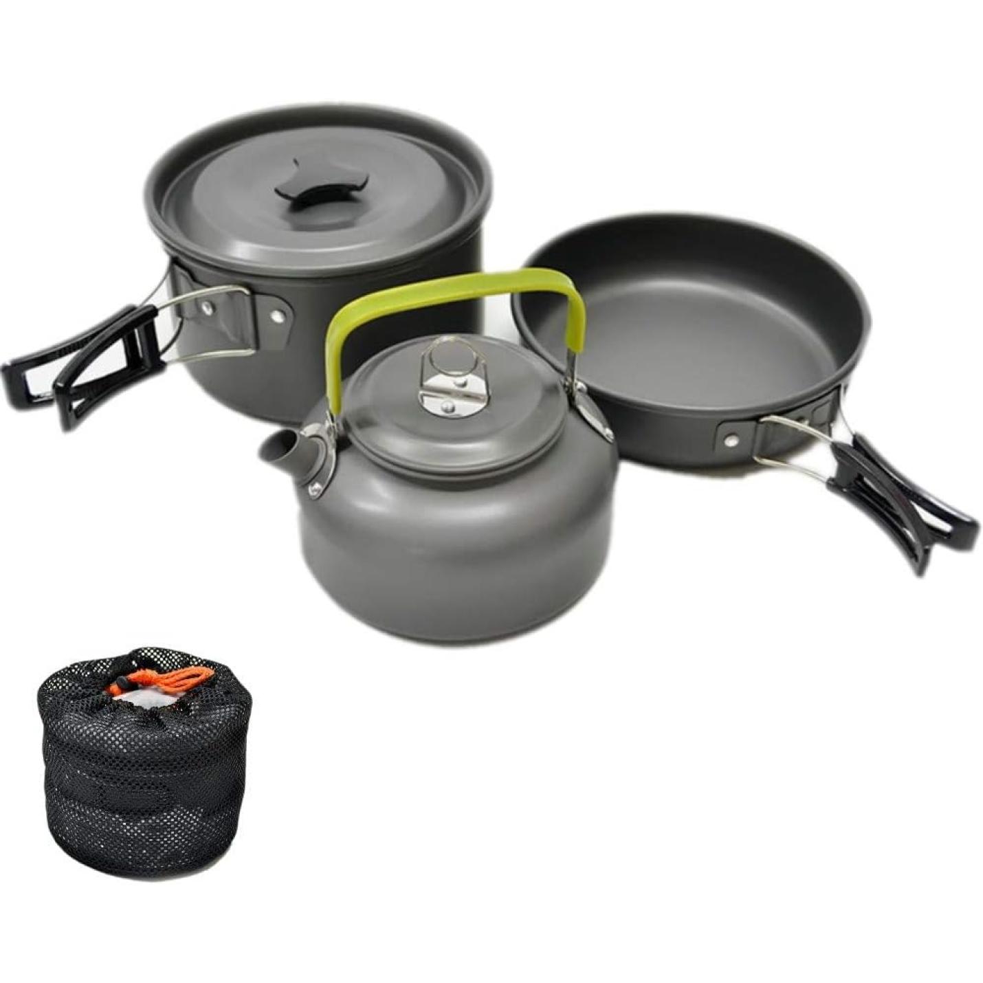 Camping kookgereiset, 2 - 3 personen, opvouwbare camping pannenset, steelpan, pan, theepot voor buiten, picknicken, kamperen en wandelvakanties - happygetfit.com