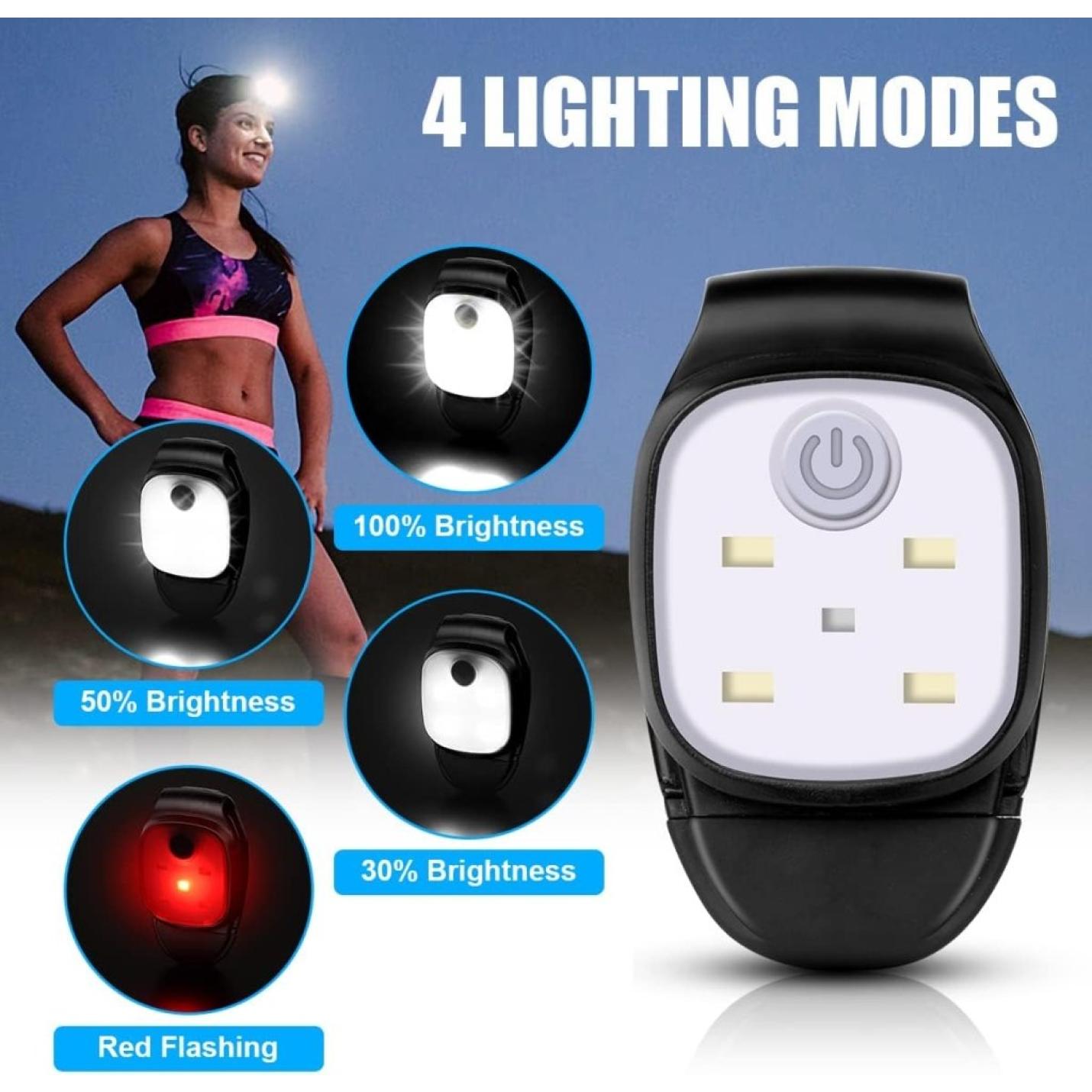 Clip op Running Lights, 4 Lichtstanden Waterdicht Outdoor Night Clip on Running Lights met 2 Pcs Reflectorbanden, USB Oplaadbare LED Licht voor Runners Camping Wandelen (1 pc) - happygetfit.com