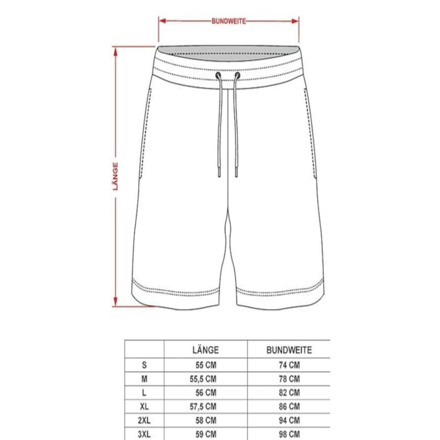 Technische tekening van Comfortabele, veelzijdige bermuda's voor heren met maattabel en afmetingen.