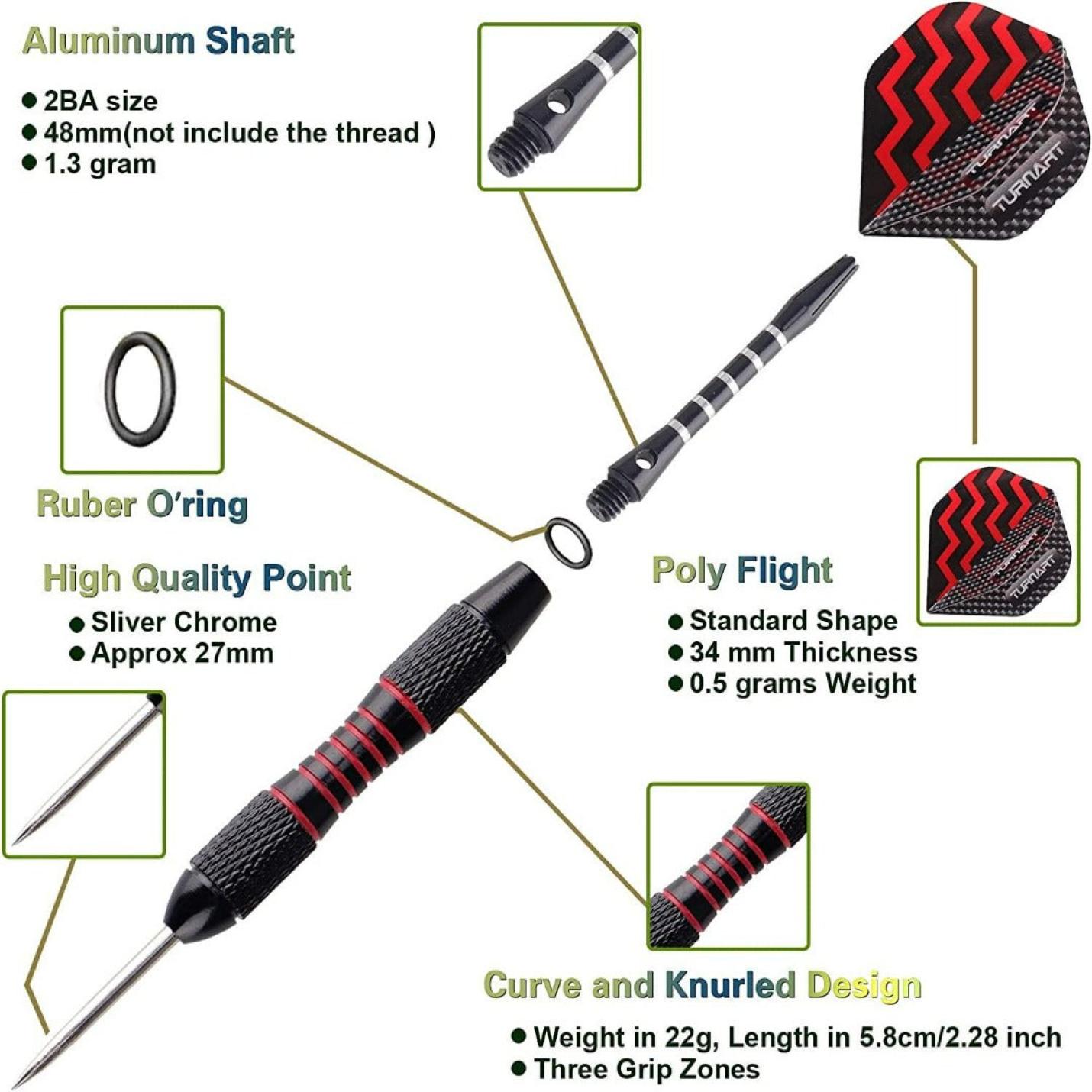 Exploded diagram van een Curved dartpijlen-set met de nadruk op de kenmerken ervan, waaronder aluminium schacht, optimale grip, polyvlucht en hoogwaardige punt.