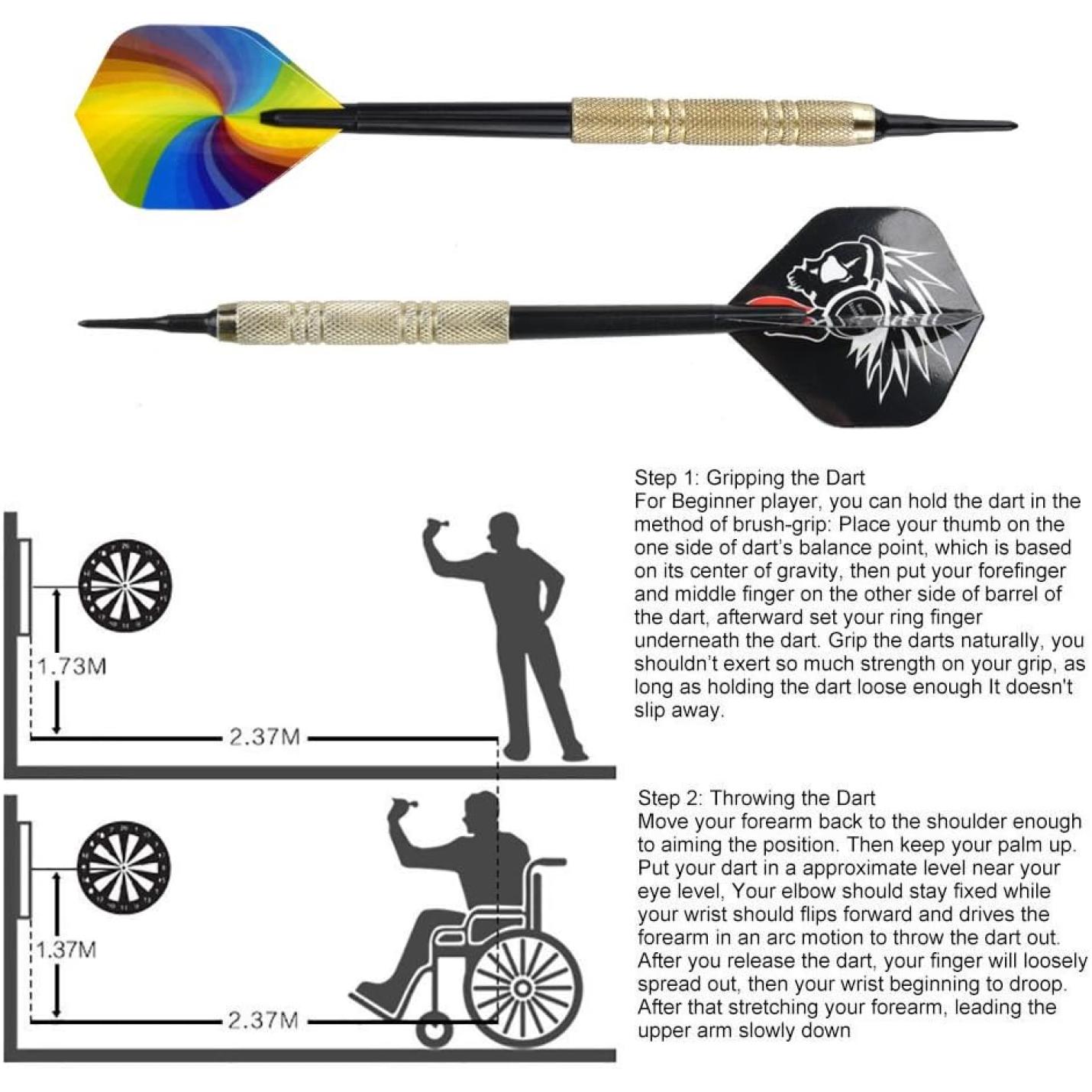 Grafische uitleg over het gooien van een dart, met een Softtip dartpijlenset, doelborden met afmetingen en stap-voor-stap geïllustreerde instructies voor de juiste grip en werptechniek.