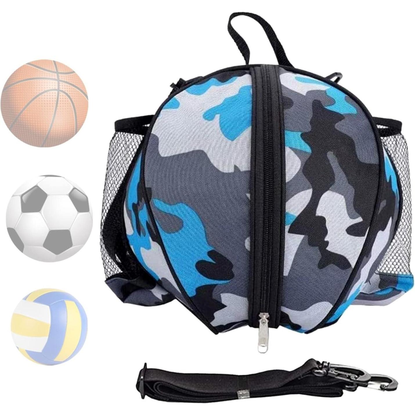 Een duurzame, blauwe basketbal met camouflagepatroon met grote capaciteit, met een basketbal, voetbal en volleybal ernaast weergegeven