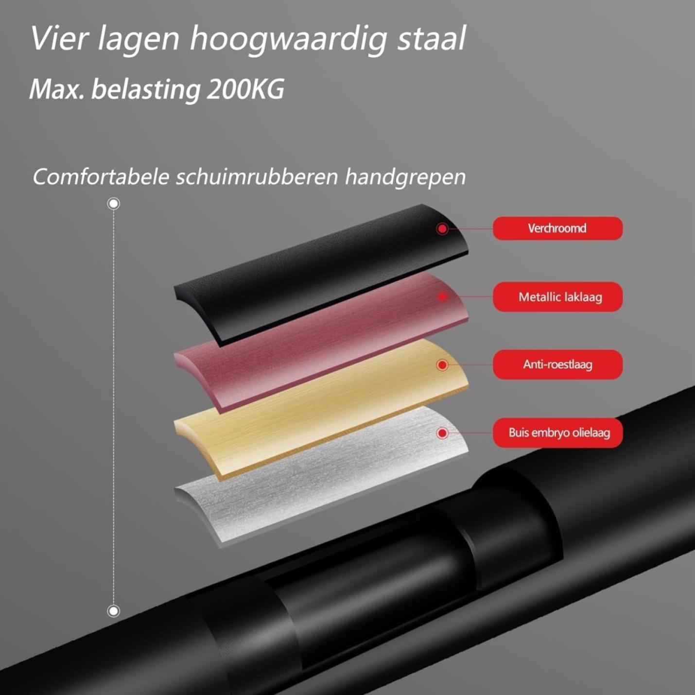 Close-up van De optrekstang die je thuis een complete training geeft met vier lagen coatings, waaronder metallic vernis en antiroest, geaccentueerd met comfortabele schuimrubberen handgrepen. Deze optrekstang is ontworpen voor gebruiksvriendelijk uitvoeren bij diverse oefeningen.