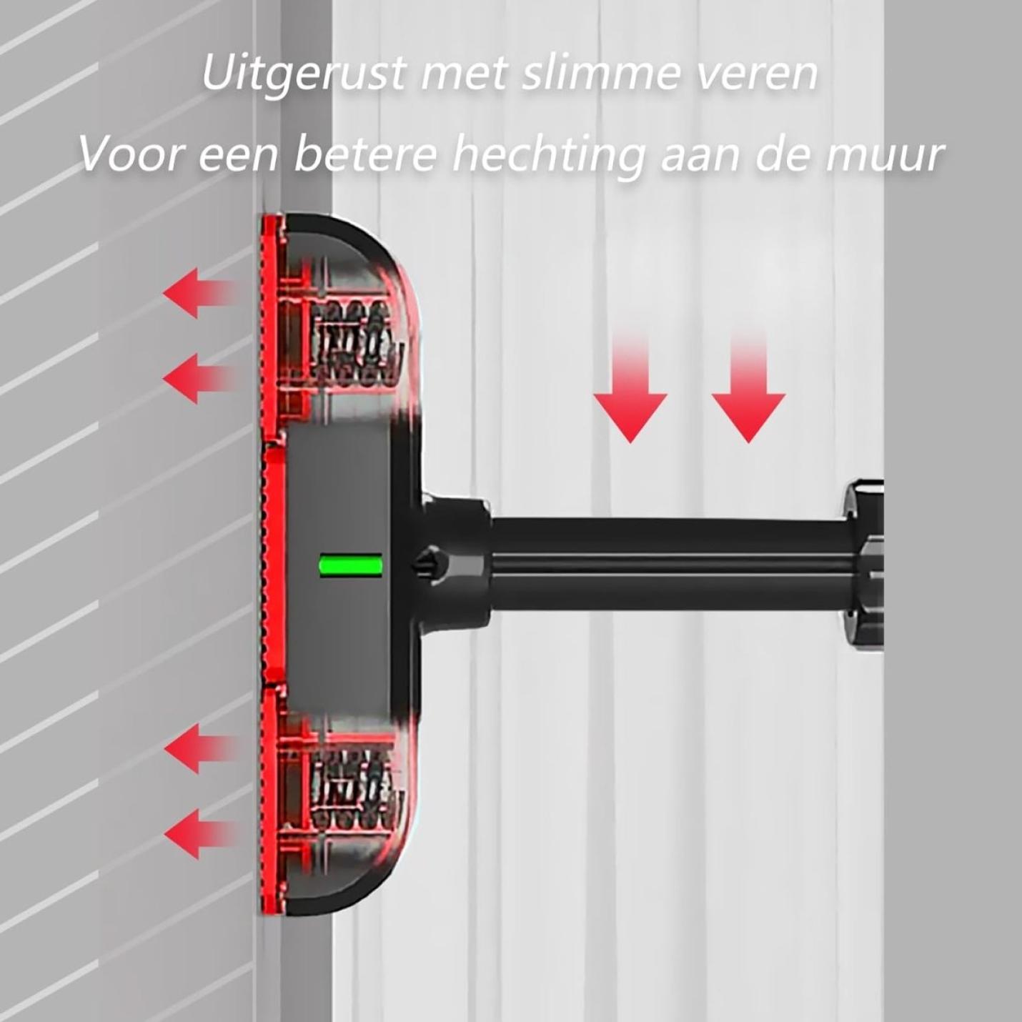 Close-up van de De optrekstang die je thuis een complete training geeft met verlengde veren en een groene indicator, met pijlen die druktoepassing aangeven voor een betere wandhechting. Tekst in het Nederlands benadrukt de gebruiksvriendelijke smart spring-functie.