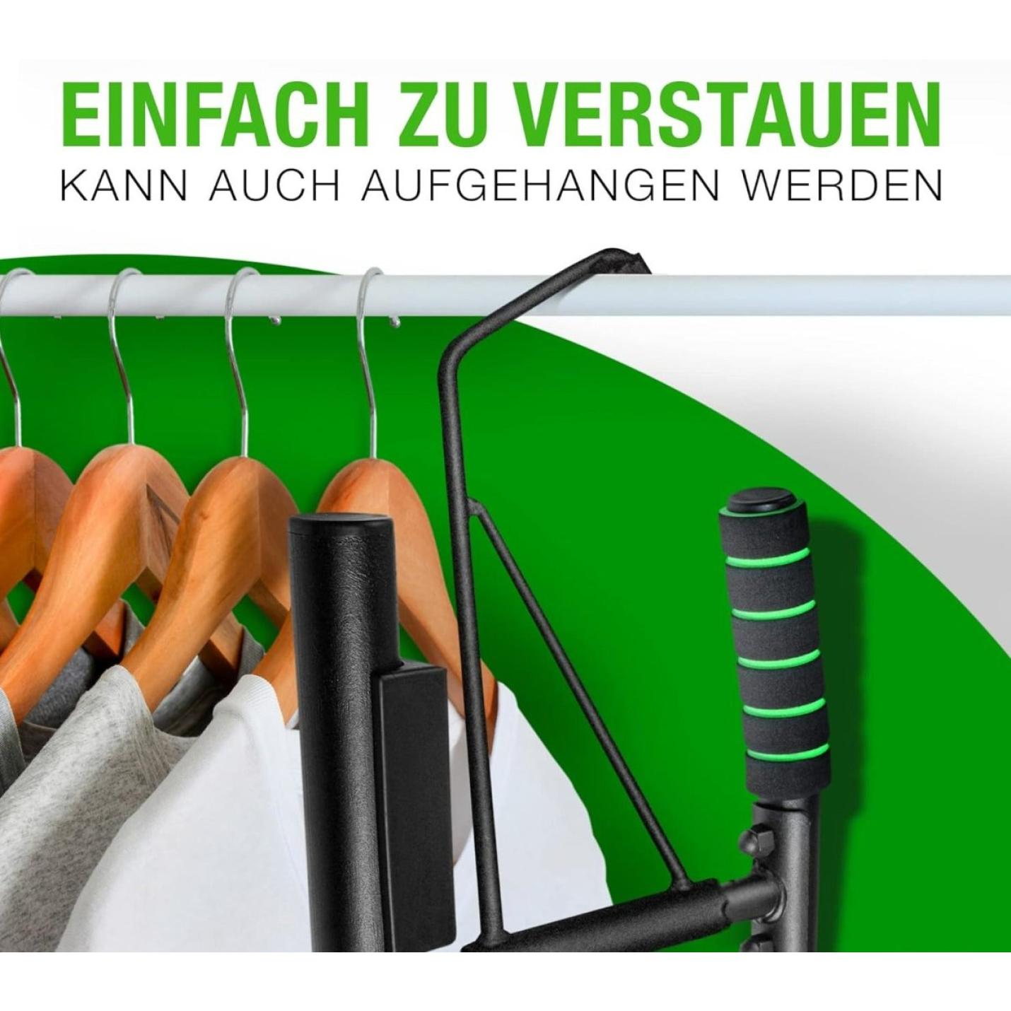 Compact kledingrek met hangers weergegeven onder de Duitse uitdrukking "einfach zu verstauen, kann auch aufgehangen werden", wat zich vertaalt naar "gemakkelijk op te bergen, kan ook worden opgehangen.

Productnaam: De optrekstang waarmee je thuis een complete workout krijgt