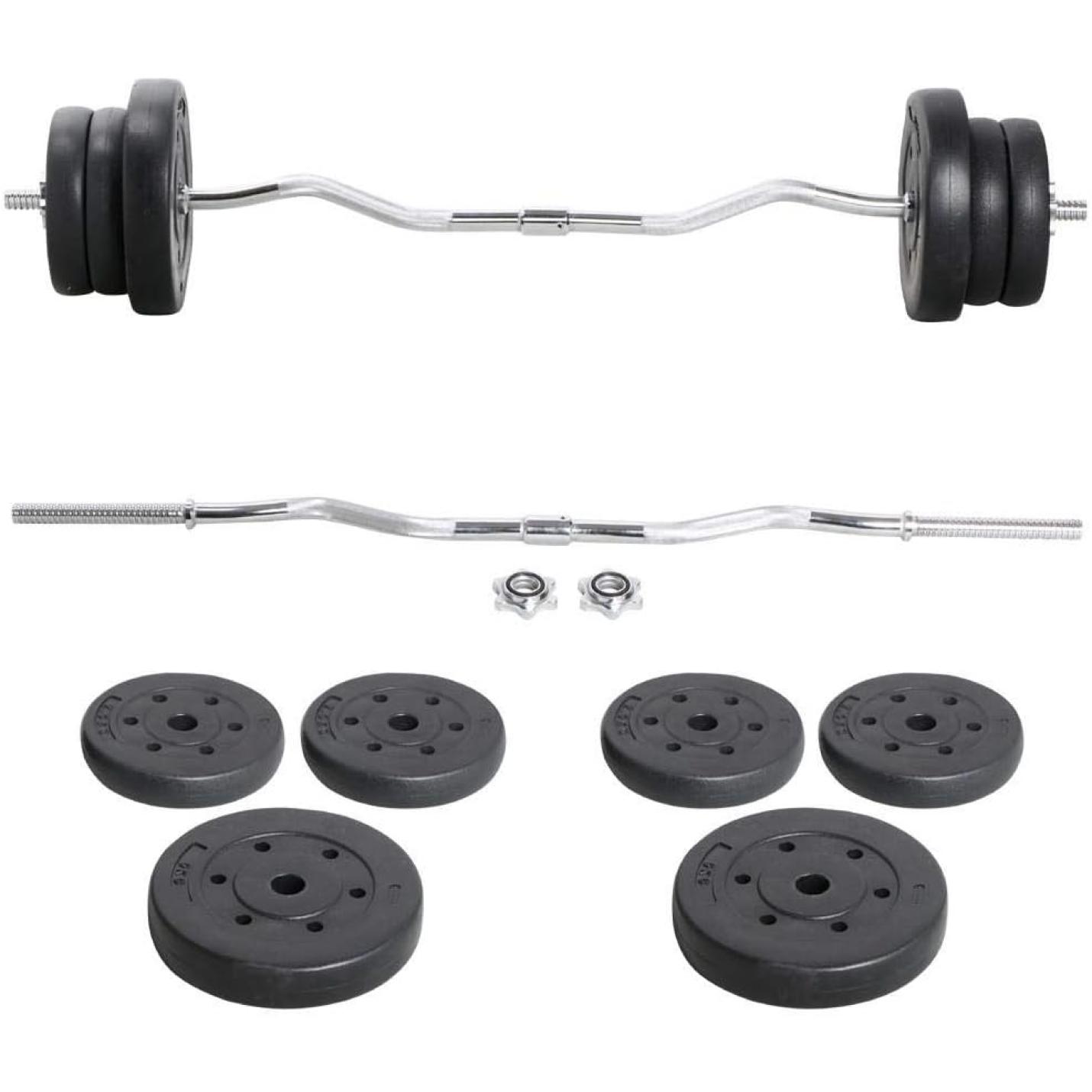 Een set fitnessapparatuur bestaande uit een gemonteerde halter met gewichten, de perfecte SZ curlstang voor een sterkere biceps en extra halterschijven.