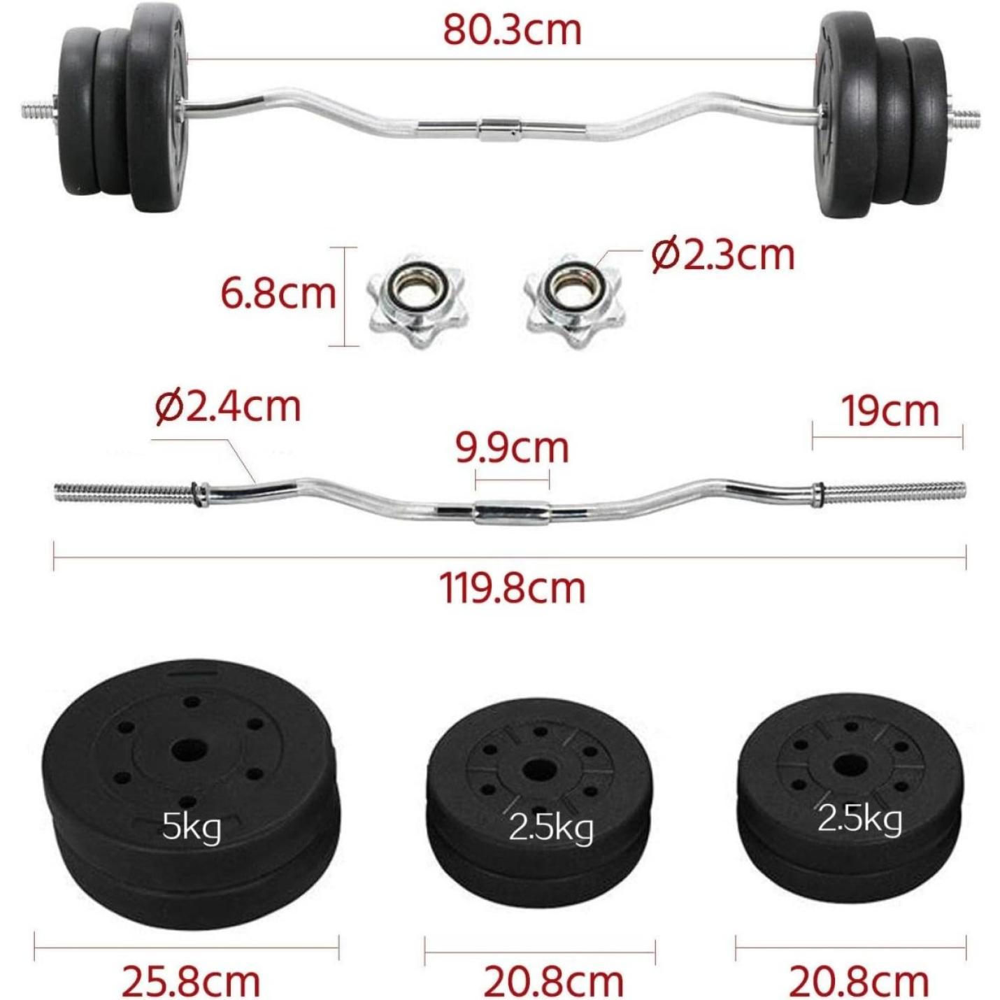 Een diagram met de afmetingen van verschillende onderdelen van een halterset, waaronder de De perfecte SZ curlstang voor een sterkere biceps en verschillende verzwaarde platen met gekartelde greep.