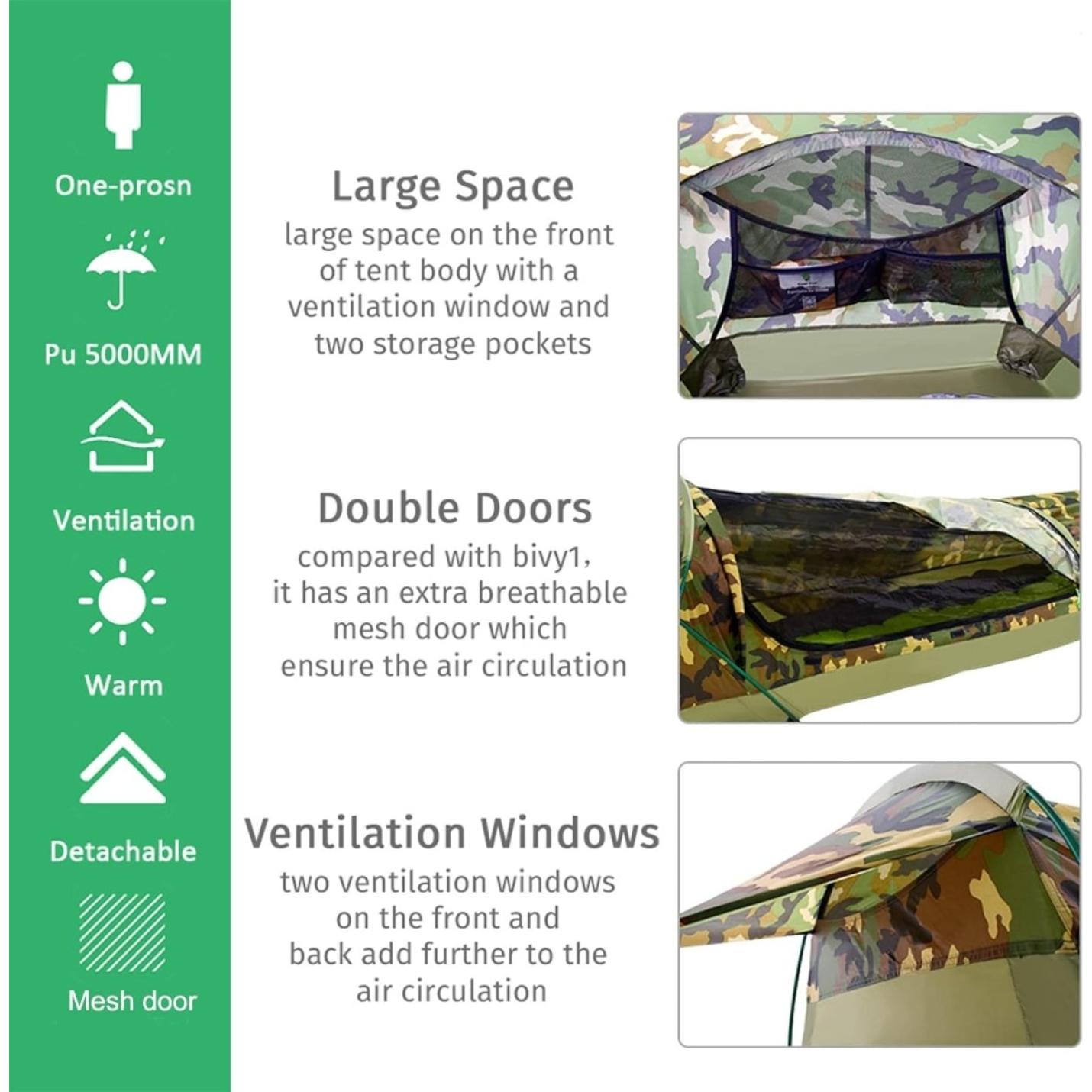 Promotionele afbeelding met kenmerken van de ultieme ultralichte 1-persoons waterdichte persoonlijke BIVY-tent, waaronder een grote ruimte, dubbele deuren, warme ventilatie en afneembare gaasdeuren vanuit meerdere hoeken bekeken. De tent is ook geschikt voor verbeterde kampeerervaringen.