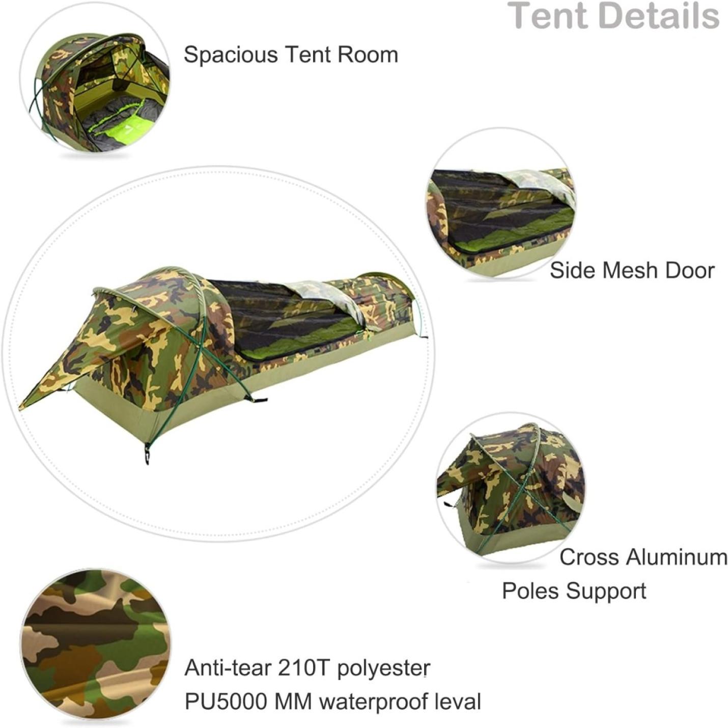 Diagram met de kenmerken van De ultieme ultralichte 1-persoons waterdichte persoonlijke BIVY-tent voor elk avontuur, inclusief een ruime kamer, gaasdeur aan de zijkant, ondersteuning voor gekruiste aluminium palen en anti-scheurbestendig 210t polyester met een waterdichtheid van pu5000 mm.