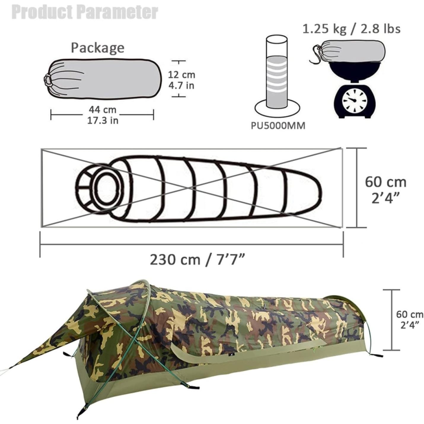 Technisch diagram met de afmetingen en parameters van de De ultieme ultralichte 1-persoons waterdichte persoonlijke BIVY-tent voor elk avontuur, inclusief de ingepakte afmetingen en het gewicht.