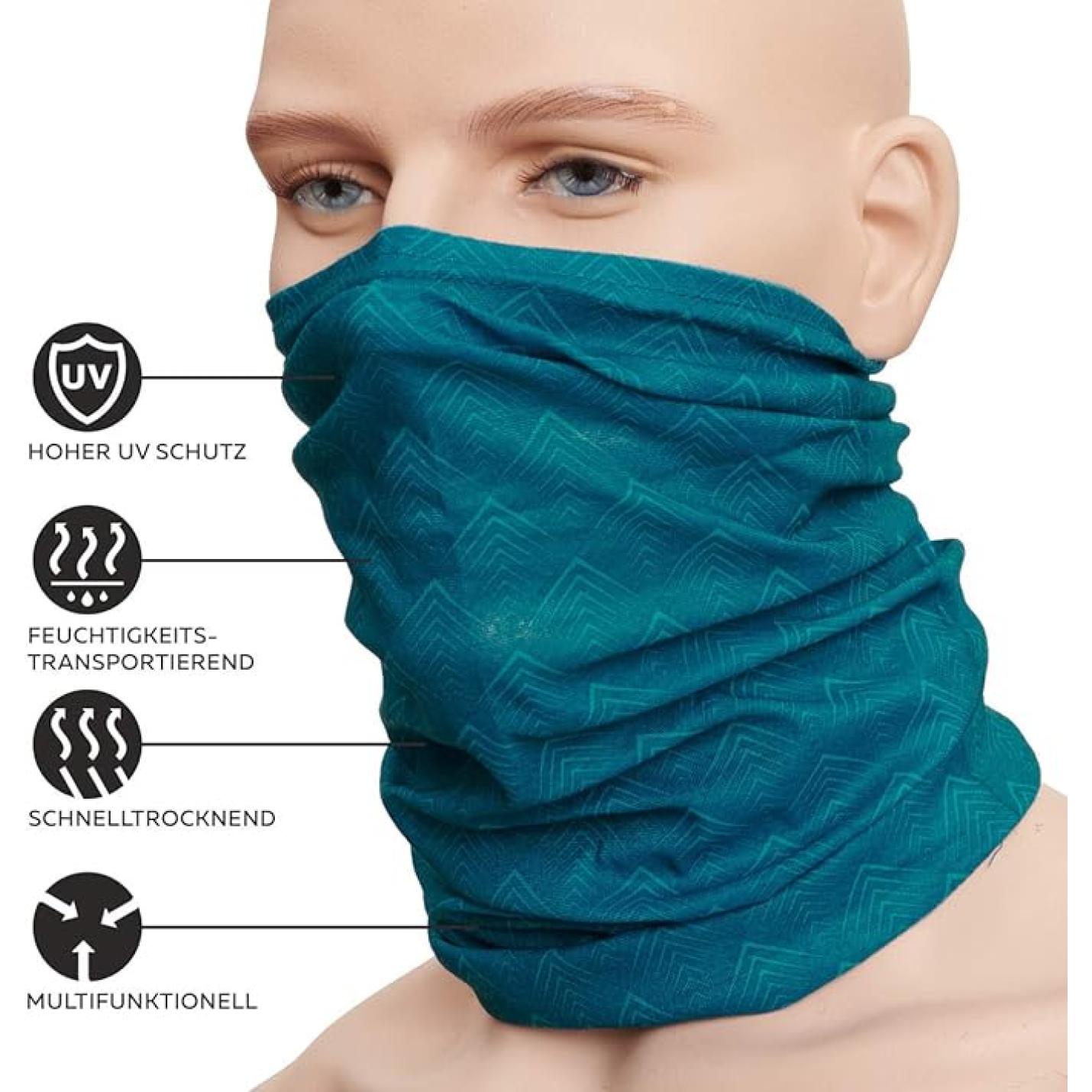 Een mannequin hoofd draagt een turquoise De ultieme multifunctionele doek voor elke gelegenheid met verschillende productkenmerken gespecificeerd, inclusief uv-bescherming, geautoriseerd en