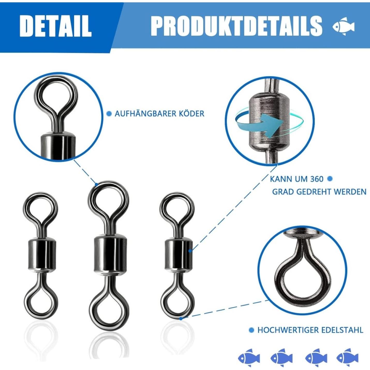 Weergave van diverse De ultieme viswervels voor elke visser met labels die de onderdelen aangeven en 360 graden rotatiefunctie, ideaal voor het vissen.