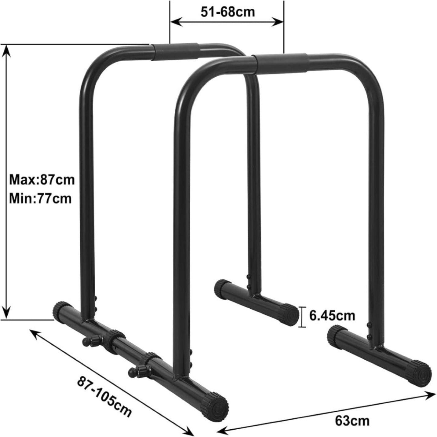 Verstelbaar zwart metalen dipstation met aangegeven afmetingen, ideaal voor thuis trainen en spieren opbouwen.