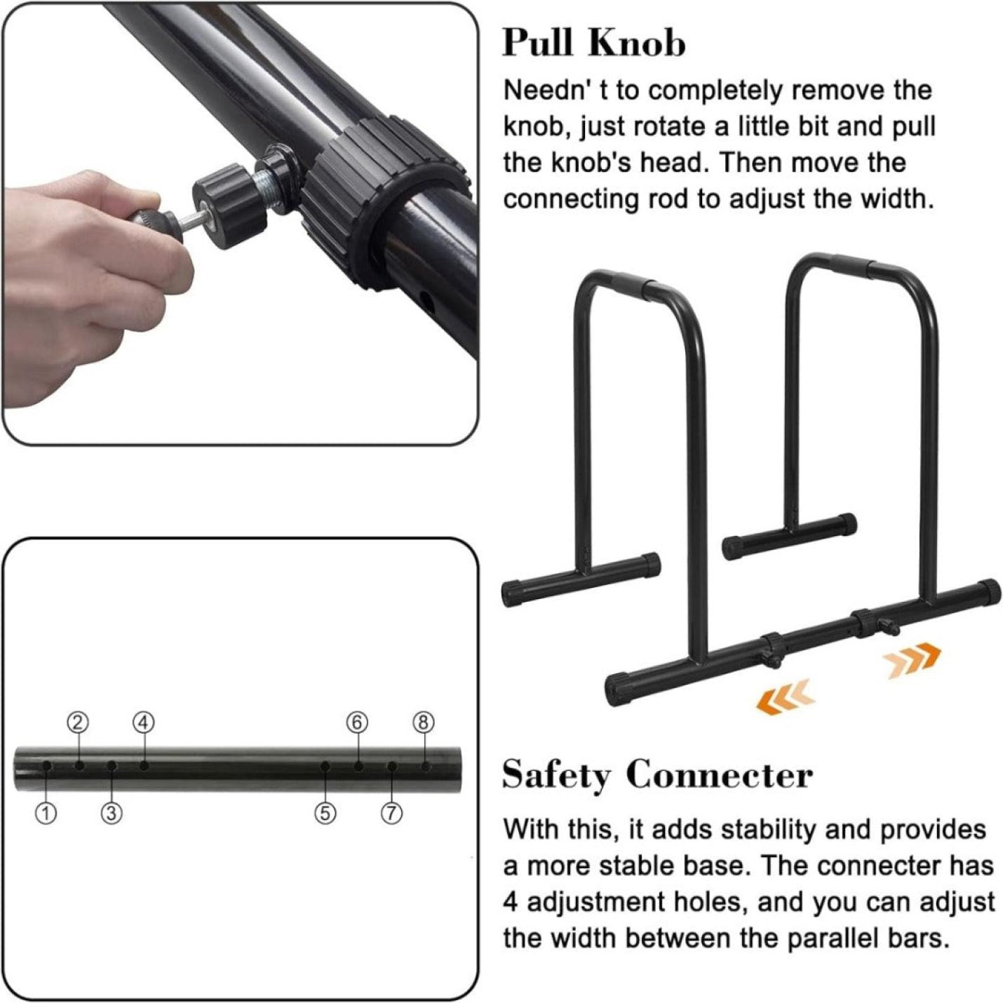 Instructiediagram dat laat zien hoe u de breedte van parallelle staven kunt aanpassen en beveiligen met behulp van een trekknop en veiligheidsconnector voor Dipstation: Verbeter je conditie en bouw spieren op met dit multifunctionele dipstation.