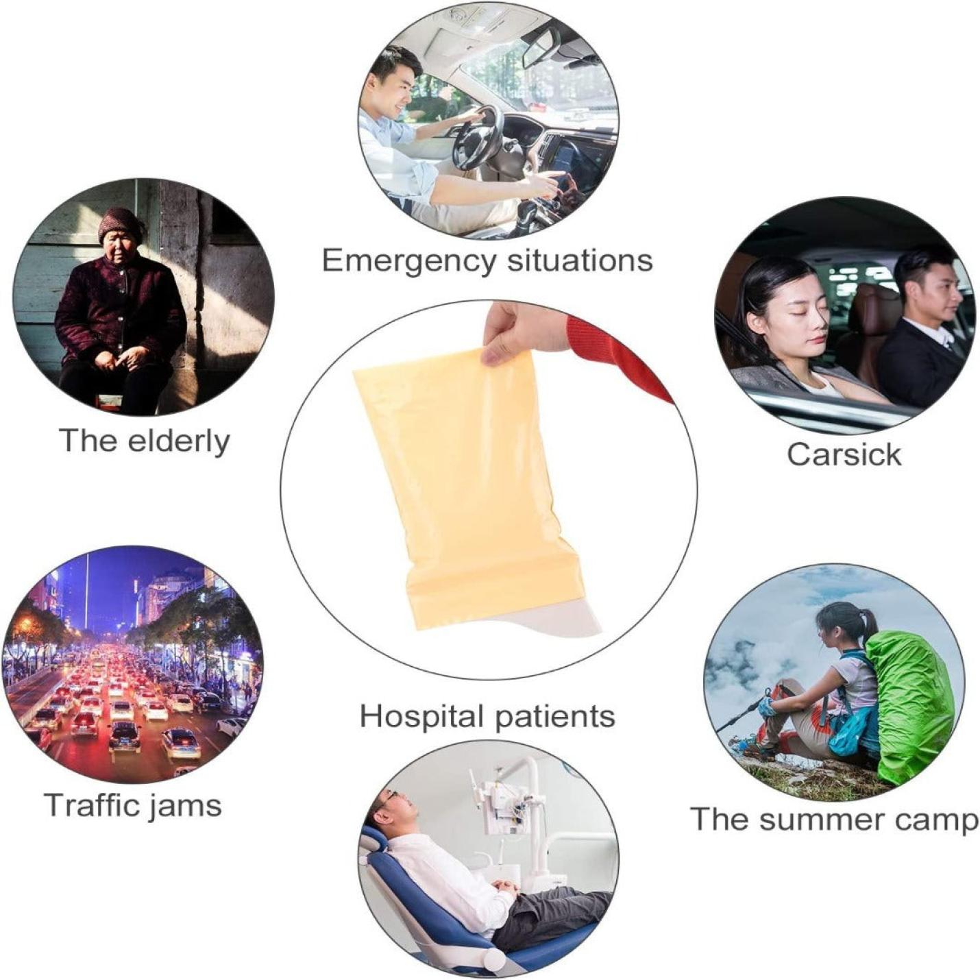 Een conceptueel diagram met verschillende situaties en mensen: ouderen, noodsituaties, wagenziekte, files, ziekenhuispatiënten, zomerkamp en de Wegwerpplaszakken voor ultieme hygiëne en gemak!