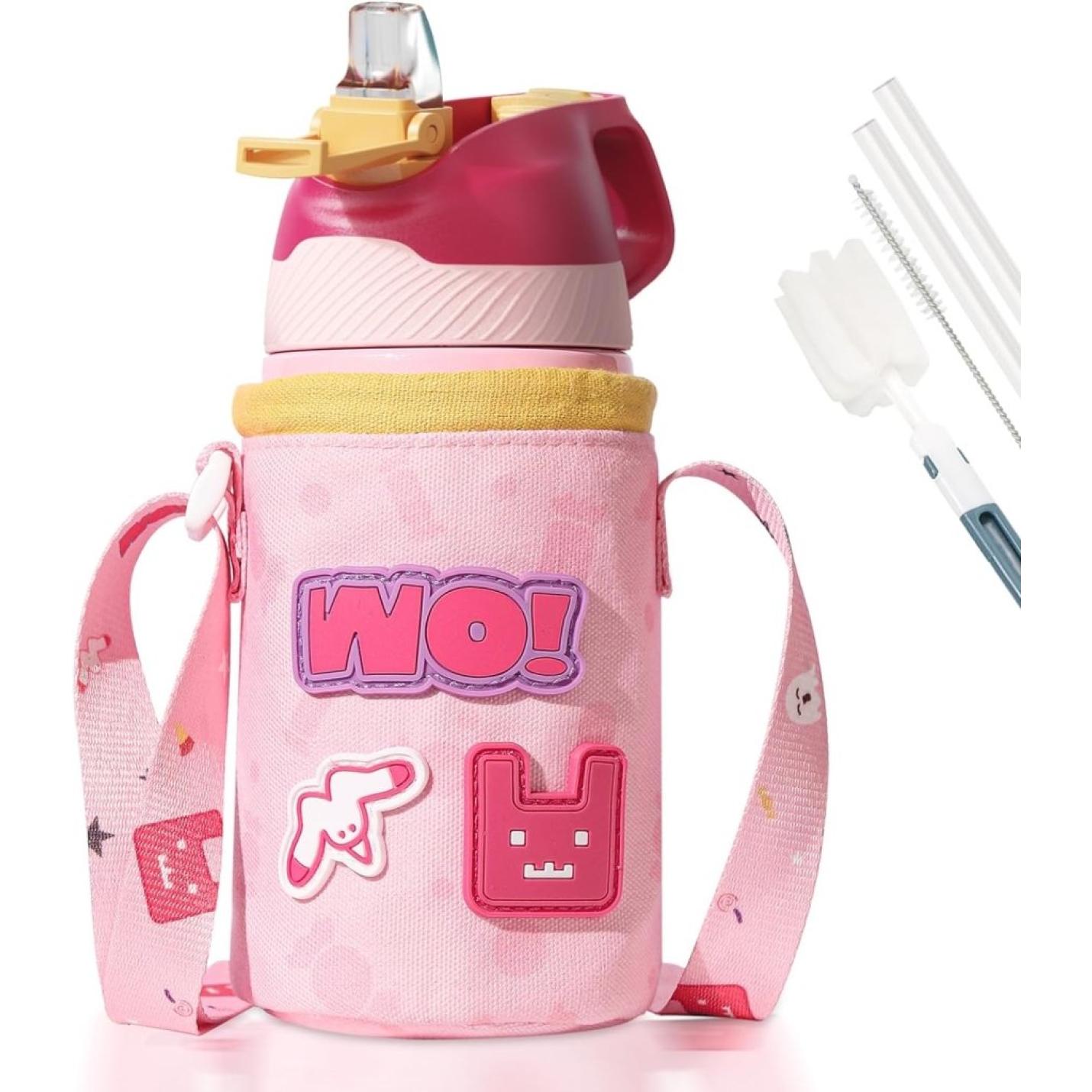 Drinkfles voor kinderen, 400ML met rietje Lekvrij, roestvrij staal Waterfles Kids, BPA-vrij thermosfles, kinderfles voor sport, outdoor, camping, fiets en school - happygetfit.com