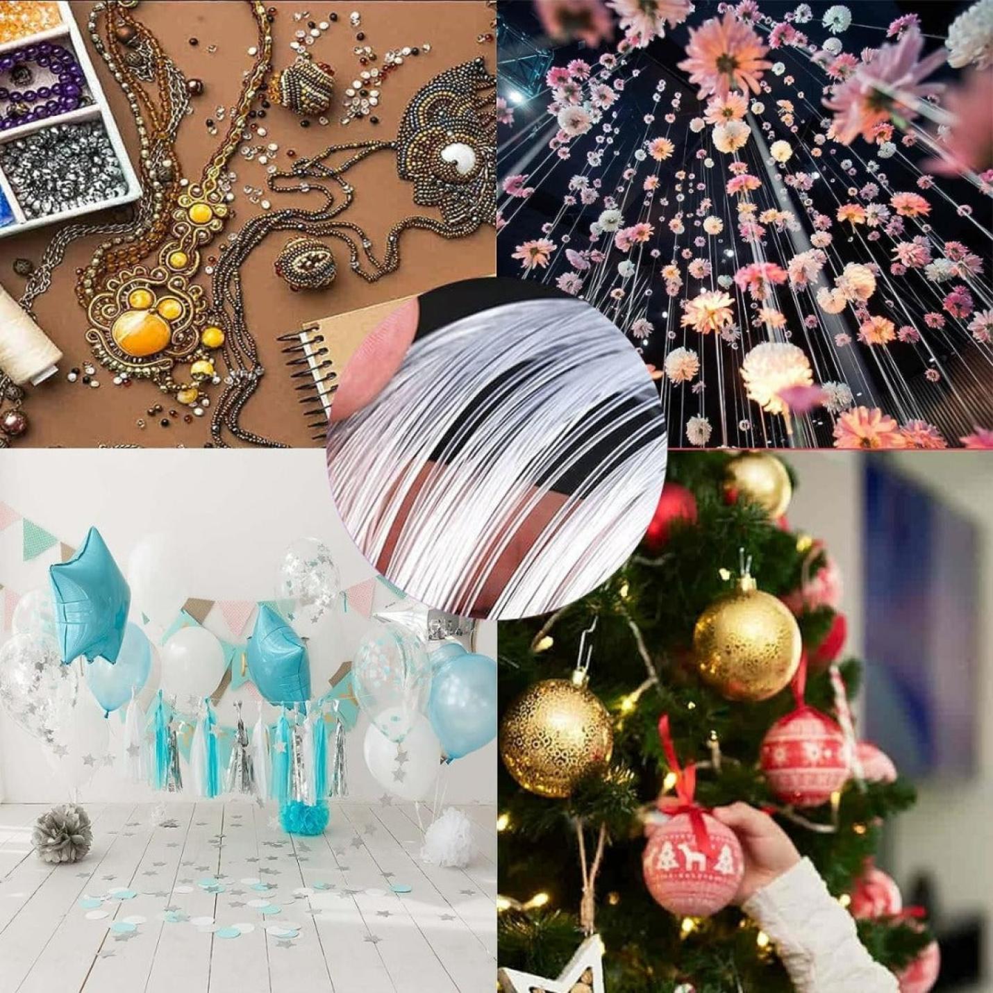 Collage van diverse vieringen en decoraties: ingewikkelde sieradenontwerpen, hangende bloemeninstallaties, ballonnen met zilveren kwastjes met Ontdek duurzaamheid en kracht van onze nylon vislijn, en close-up van een hand die een kerstboom versiert met gouden kerstballen.