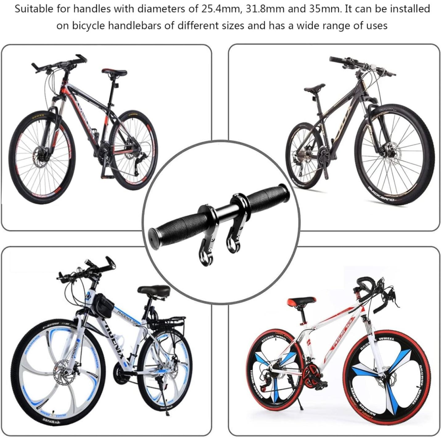 Vier fietsen op een witte achtergrond, wat de compatibiliteit met verschillende stuurdiameters benadrukt, geïllustreerd door een close-up van Een avontuurlijk fietsuitje met de perfecte kinderzadel op stang.