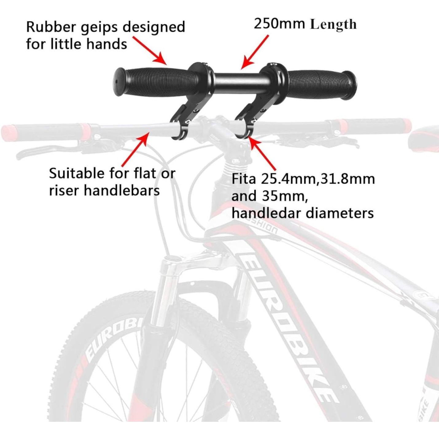 Illustratief diagram van een fietsstuur met de nadruk op de rubberen handvatten en de compatibiliteit met verschillende stuurdiameters, waaronder die van een Een avontuurlijk fietsuitje met de perfecte kinderzadel op stang.