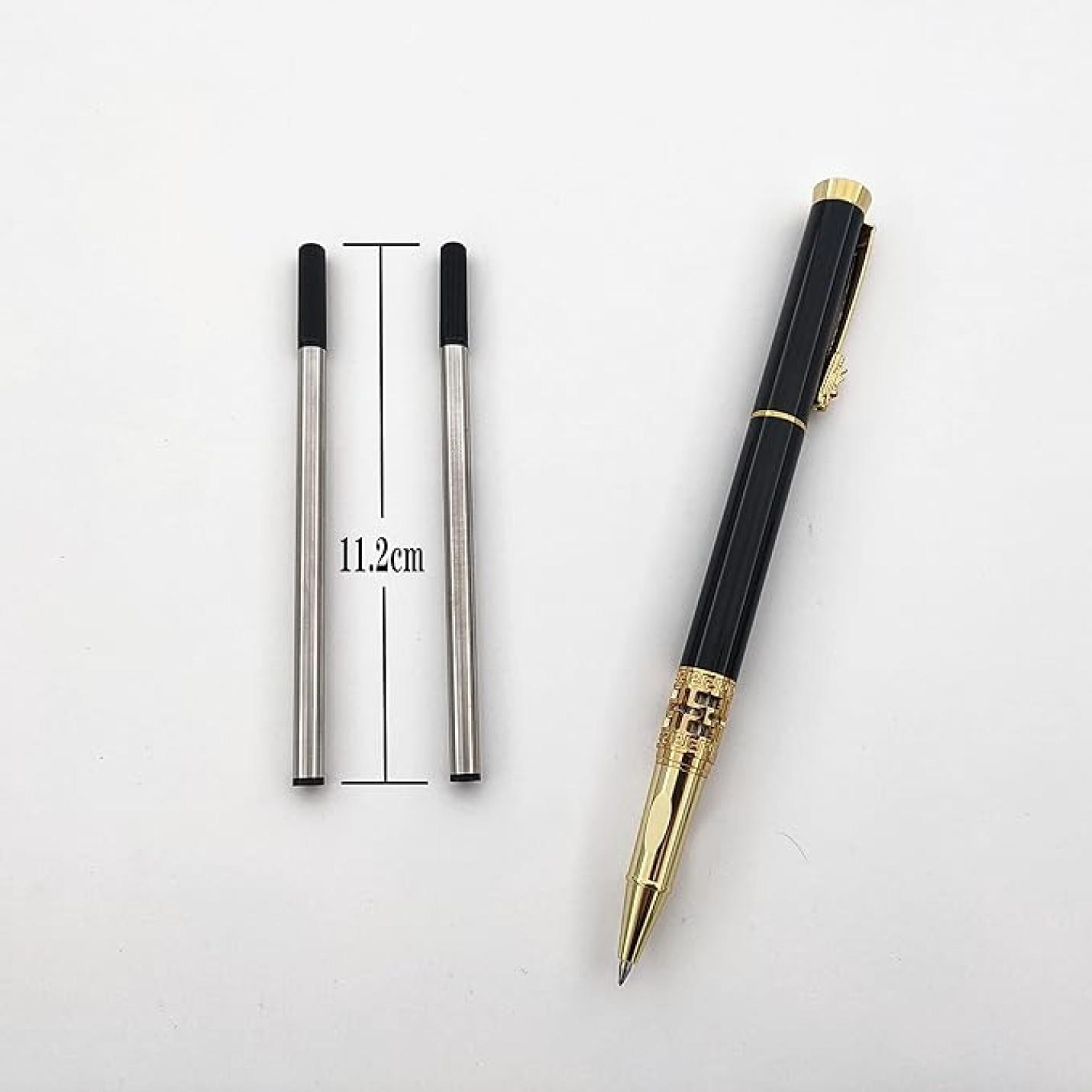 Een klassieke metalen rollerballpen voor een luxe schrijfervaring ligt naast een liniaal die een meting van 11.2 cm laat zien.