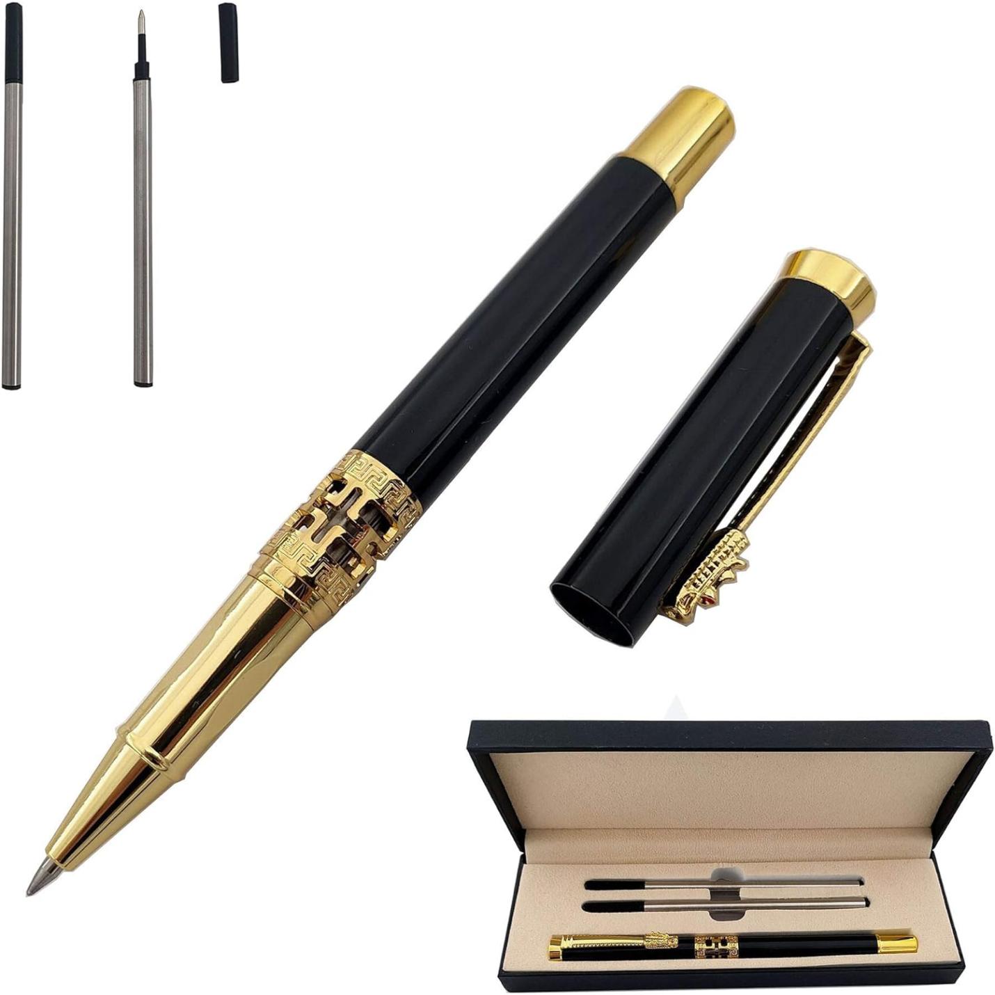 Elegante zwart-gouden Een klassieke metalen rollerbalpen voor een luxe schrijfervaring met ingewikkelde details, weergegeven met de componenten en geschenkdoos.