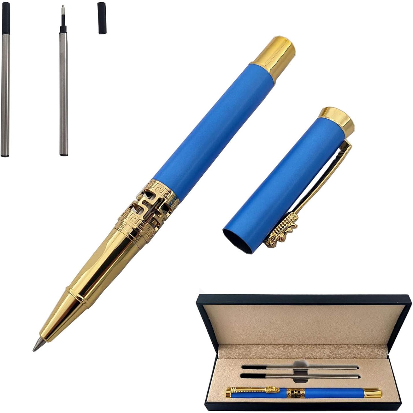 Een klassieke metalen rollerballpen met een dop, twee punten en een geschenkdoos, vervaardigd uit duurzaam materiaal