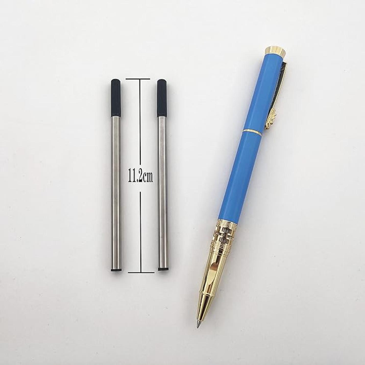 Een blauwe klassieke metalen rollerball met daarnaast een liniaal van 11,2 cm.