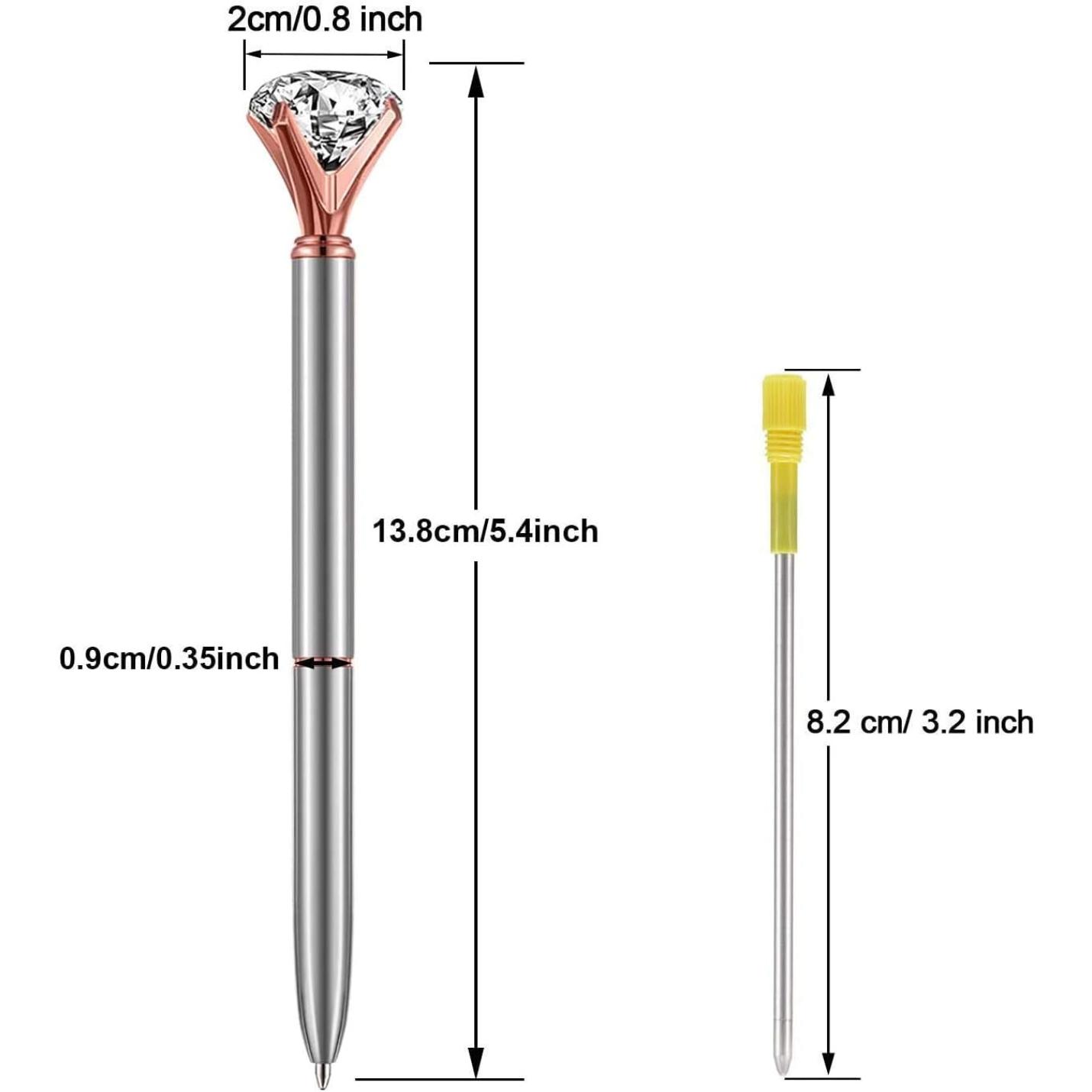 Een diagram met de vergelijkende maten van een elegante en duurzame pen en een standaard vulling, met afmetingen aangegeven in inches en centimeters.