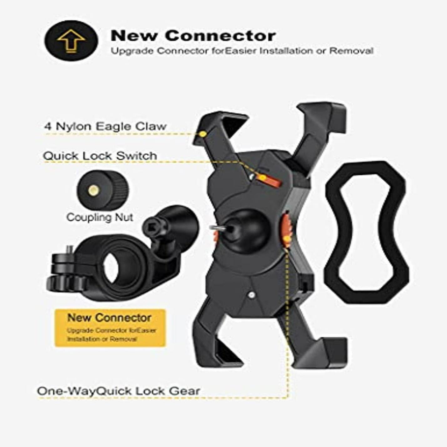 Geannoteerd diagram met de componenten van de Ultimate Strong Bike Phone Holder voor veilig fietsplezier, met 360° rotatie en universele compatibiliteit.