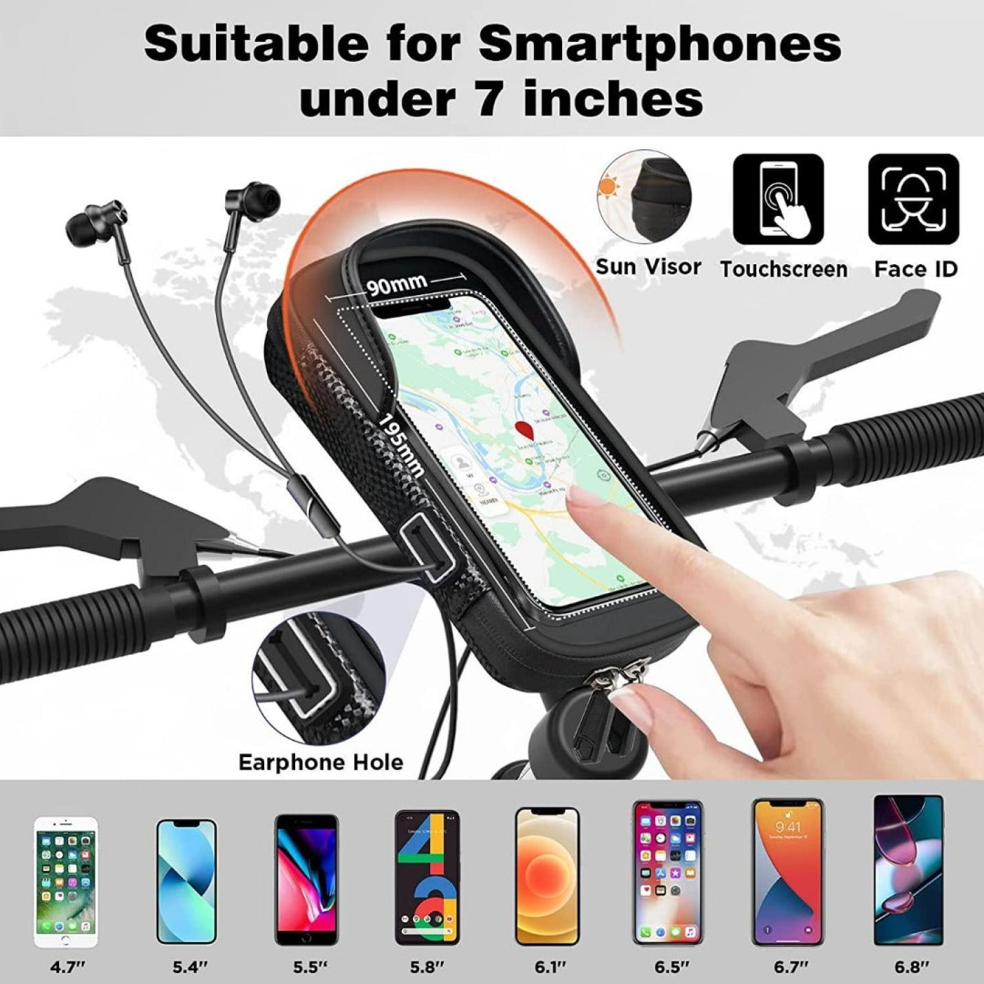 Fiets telefoonhouder met waterdichte bescherming en opbergruimte voor telefoons tot 7 inch, ontworpen voor smartphones tot 7 inch, voorzien van een zonneklep, oortelefoongat en waterd