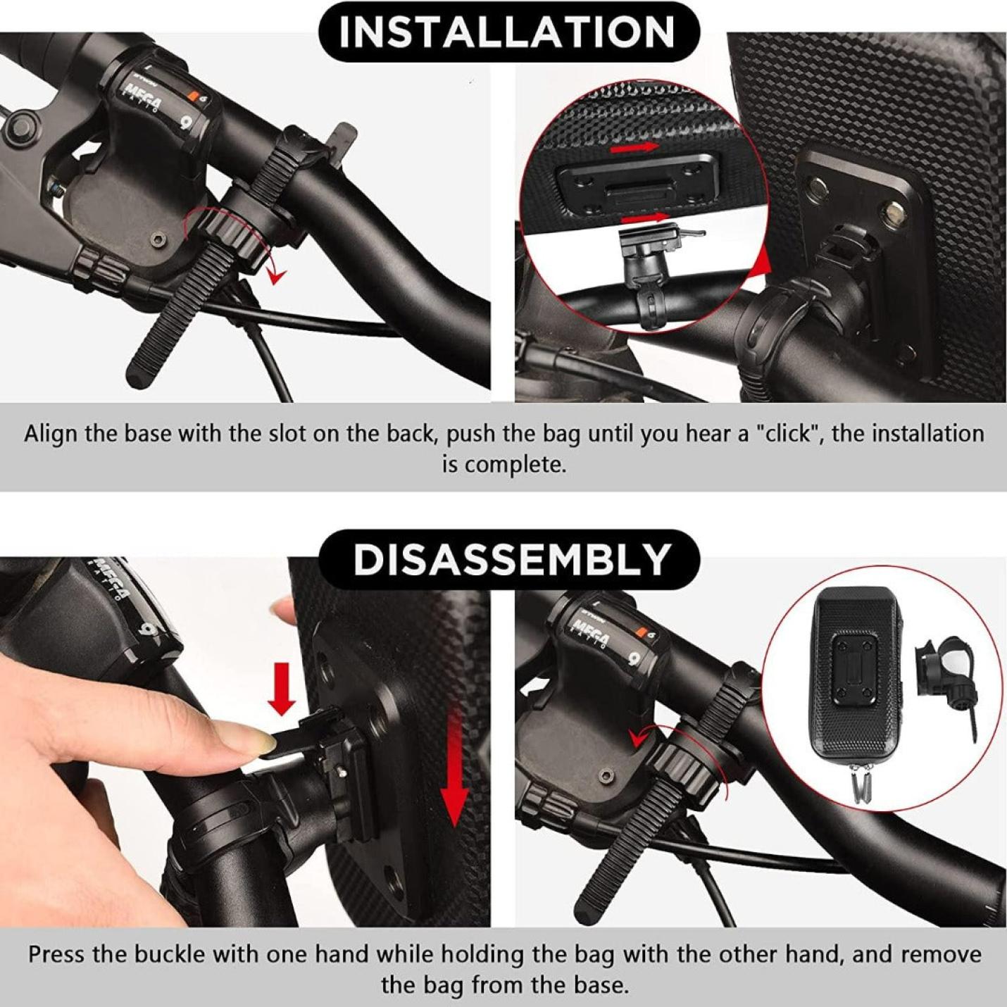 Installatie- en demontagehandleiding voor het bevestigen van een **Fietstelefoonhouder met waterdichte bescherming en opbergruimte voor telefoons tot 7 inch** aan een scooterstuur met klikmechanisme.