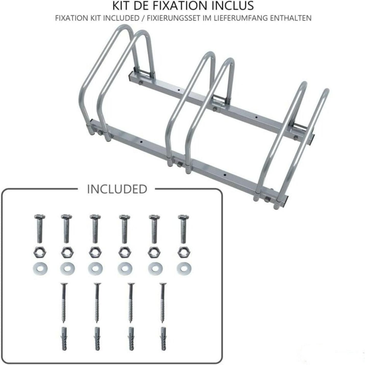 Fietsenrek voor 3 of 4 fietsen van gegalvaniseerd staal met een vier-sleuven design en een assortiment meegeleverd bevestigingsmateriaal, gemarkeerd als "inbegrepen".