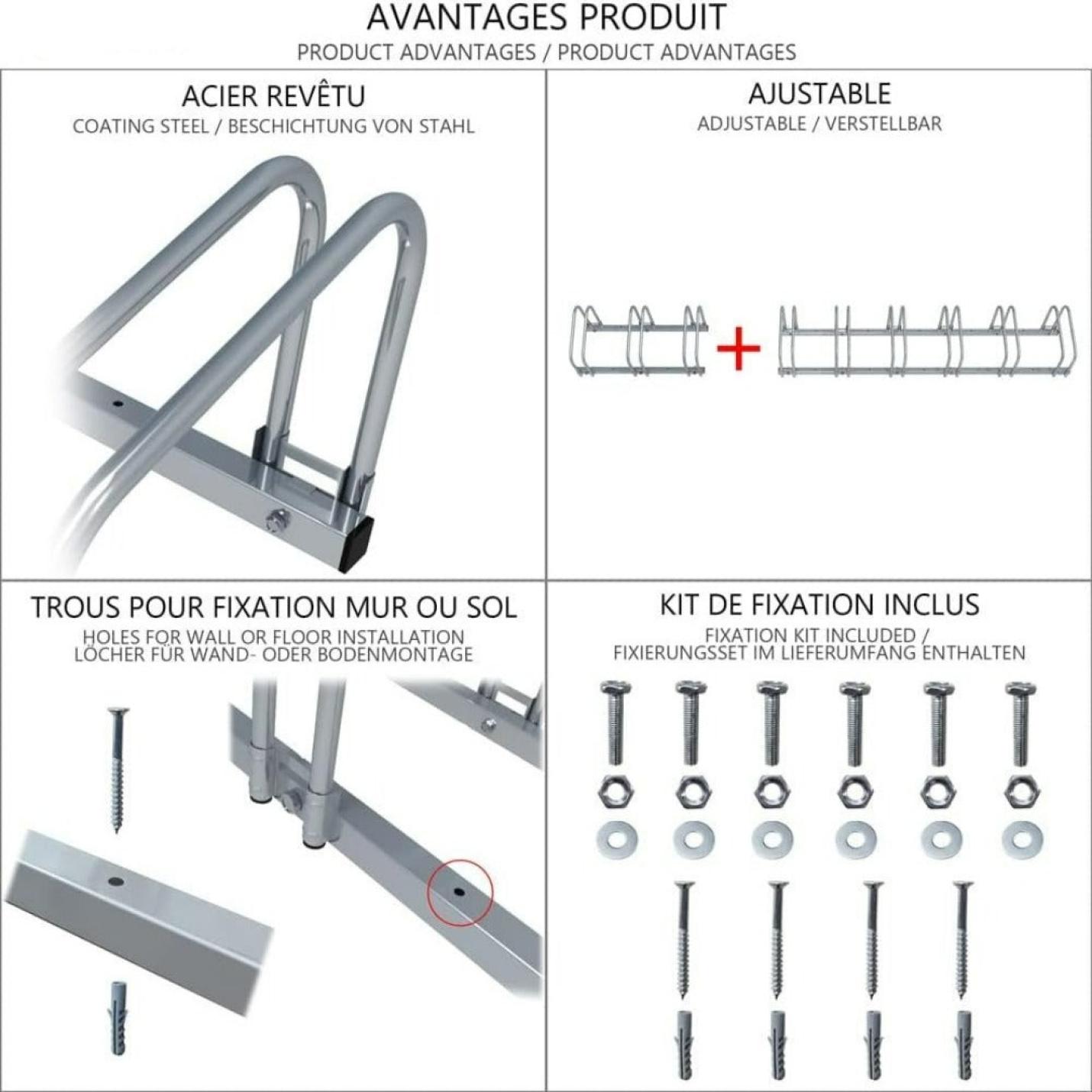 Illustratie van de kenmerken van het Fietsenrek voor 3 van de 4 fietsen, inclusief de verstelbare, gegalvaniseerde stalen structuur en de meegeleverde vloermontageset met hardwareonderdelen.