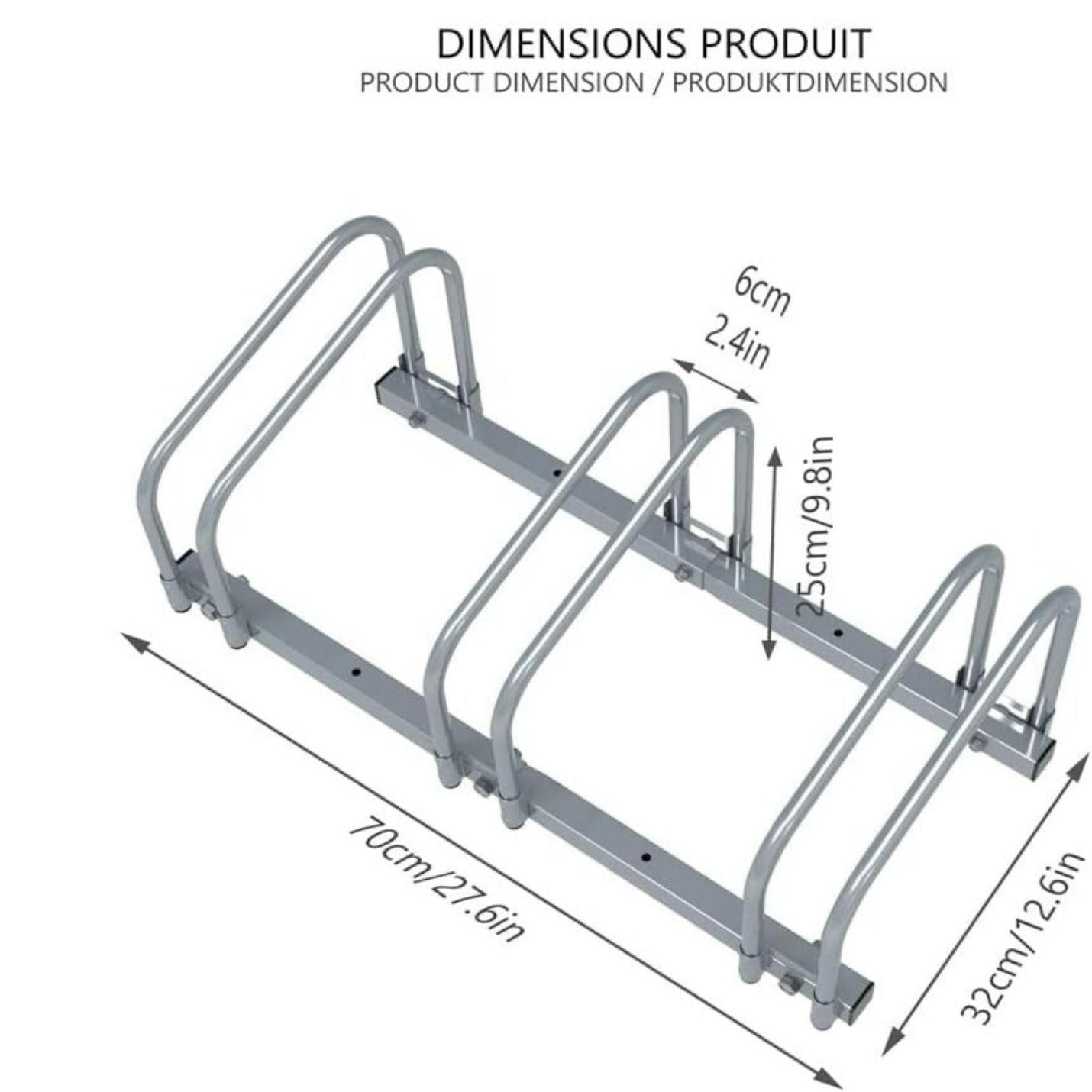 3d diagram van een Fietsenrek voor 3 of 4 fietsen met gelabelde afmetingen, voorzien van vijf gebogen sleuven voor fietsen, bekeken vanuit een schuin bovenperspectief.