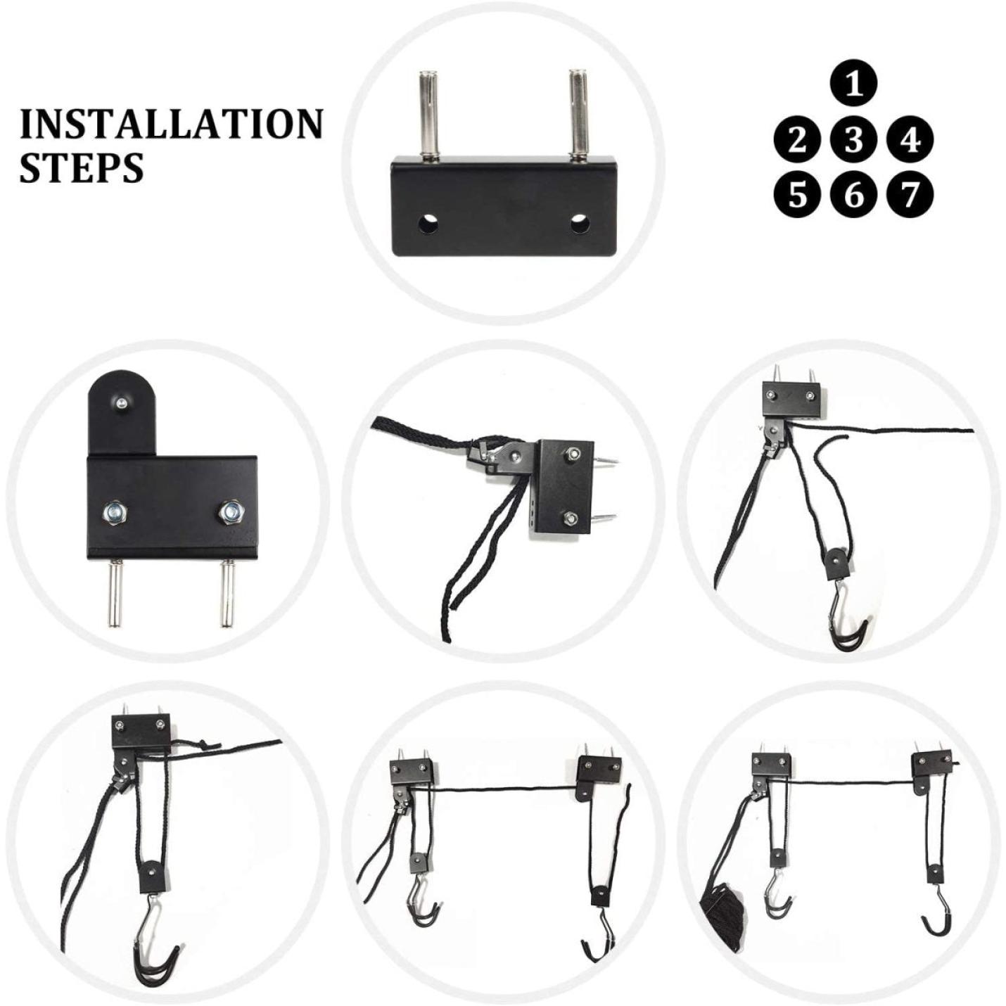 Installatiestappen voor een hardwarecomponent voor deurbeveiliging, met onderdelen en opeenvolgende montagefasen voor optimaal ruimtegebruik en veiligheid: Ontdek onze fietslift!