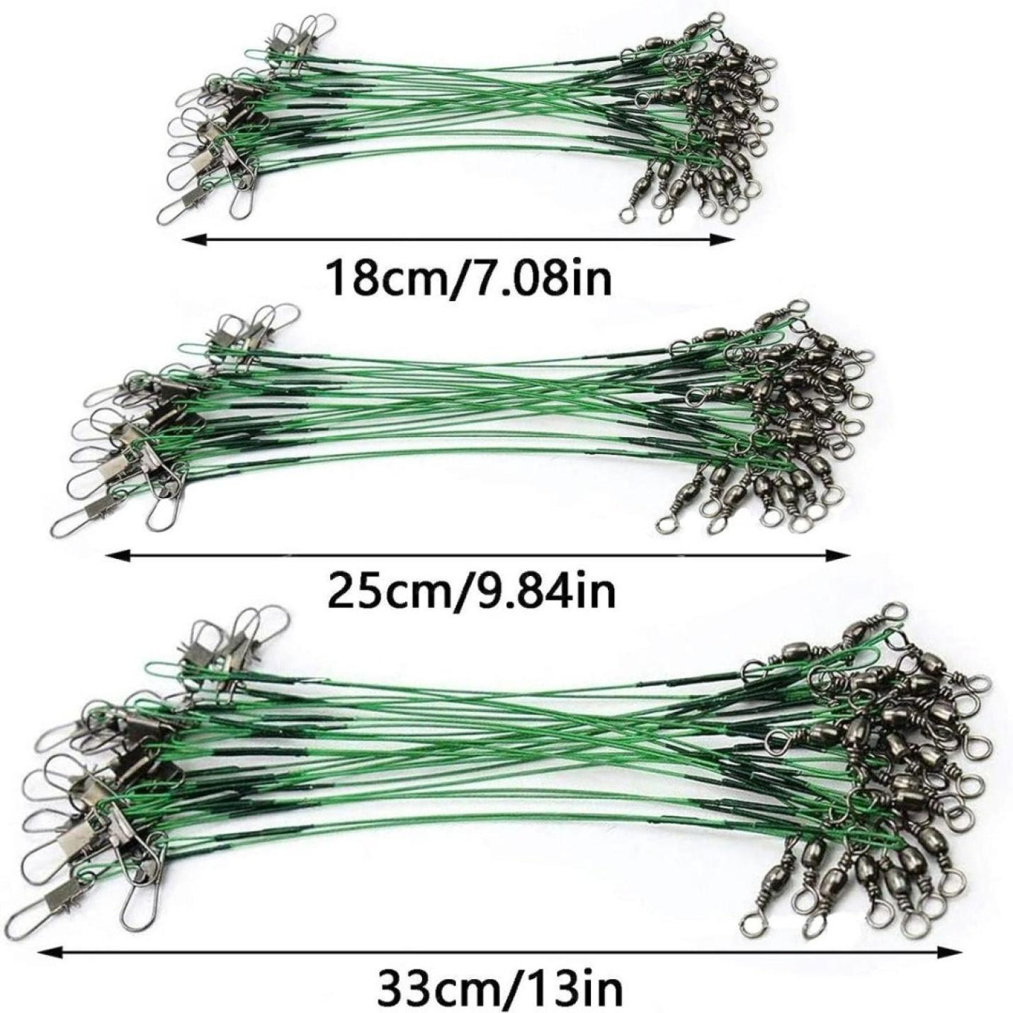 Drie bundels Stalen visdraad: De krachtige vislijn voor elk avontuur leaders in verschillende lengtes met wartels en drukknopen, gelabeld met hun respectievelijke maten in centimeters en inches.